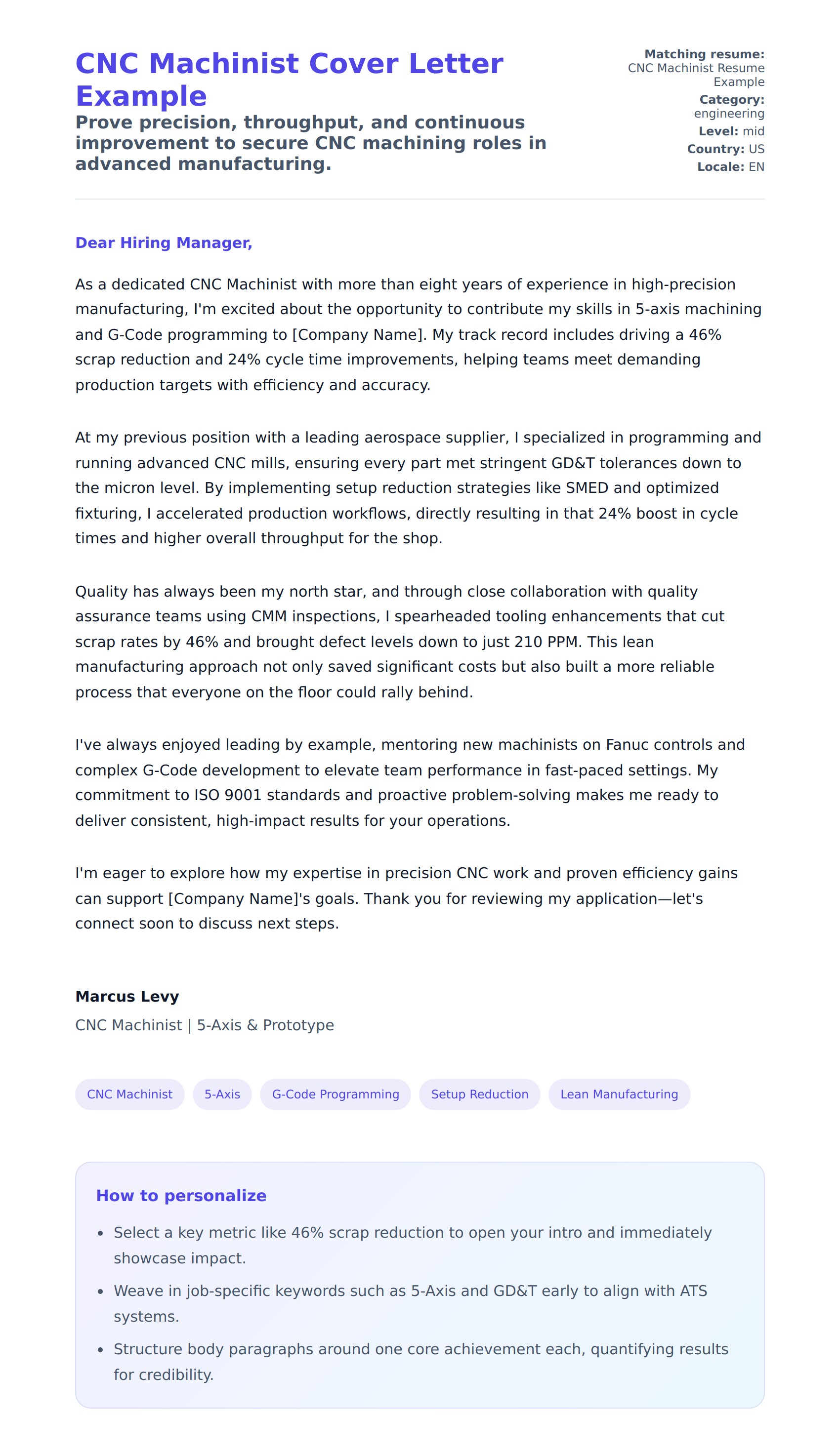 Cover Letter preview for CNC Machinist Cover Letter Example