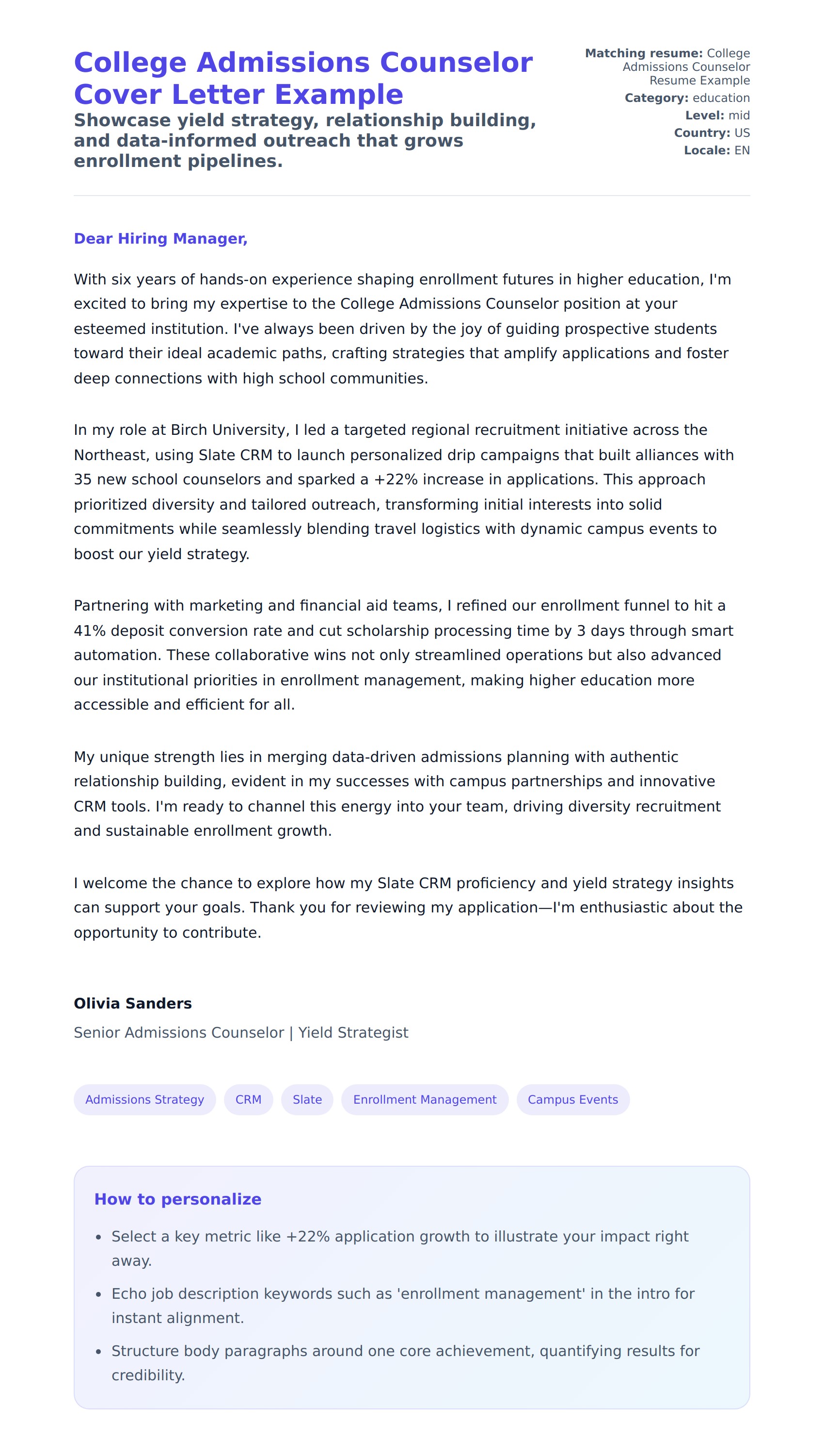 Cover Letter preview for College Admissions Counselor Cover Letter Example