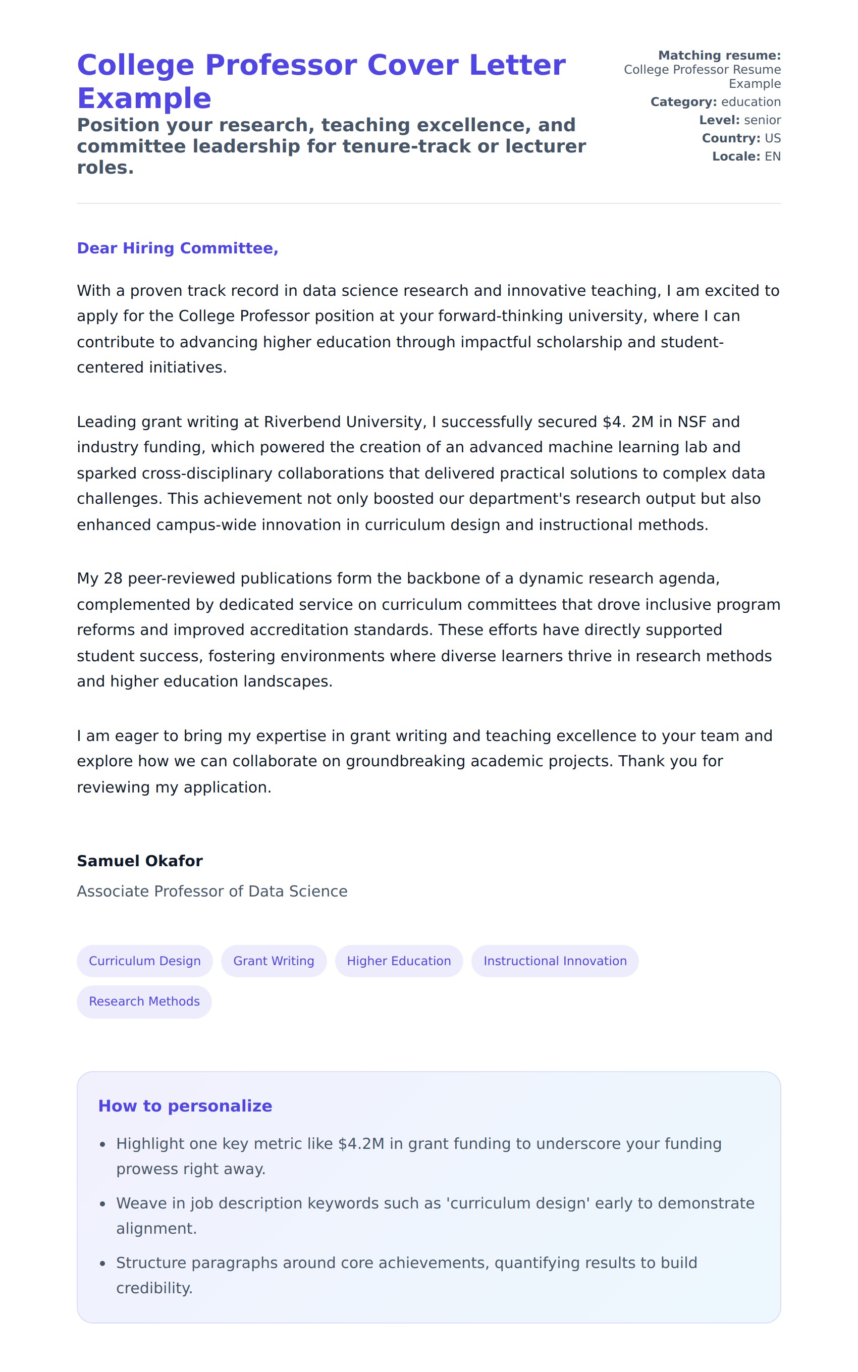Cover Letter preview for College Professor Cover Letter Example