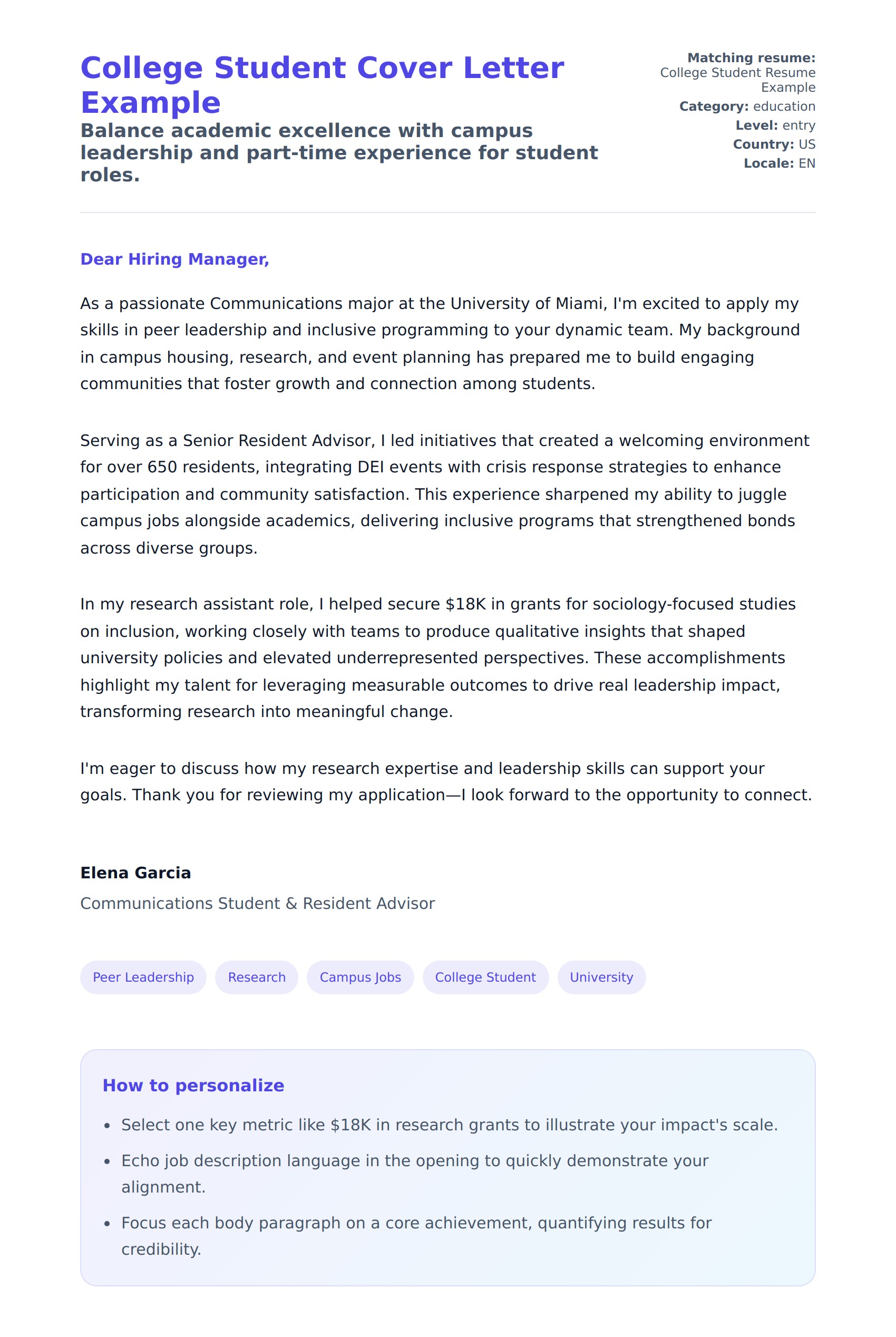 Cover Letter preview for College Student Cover Letter Example