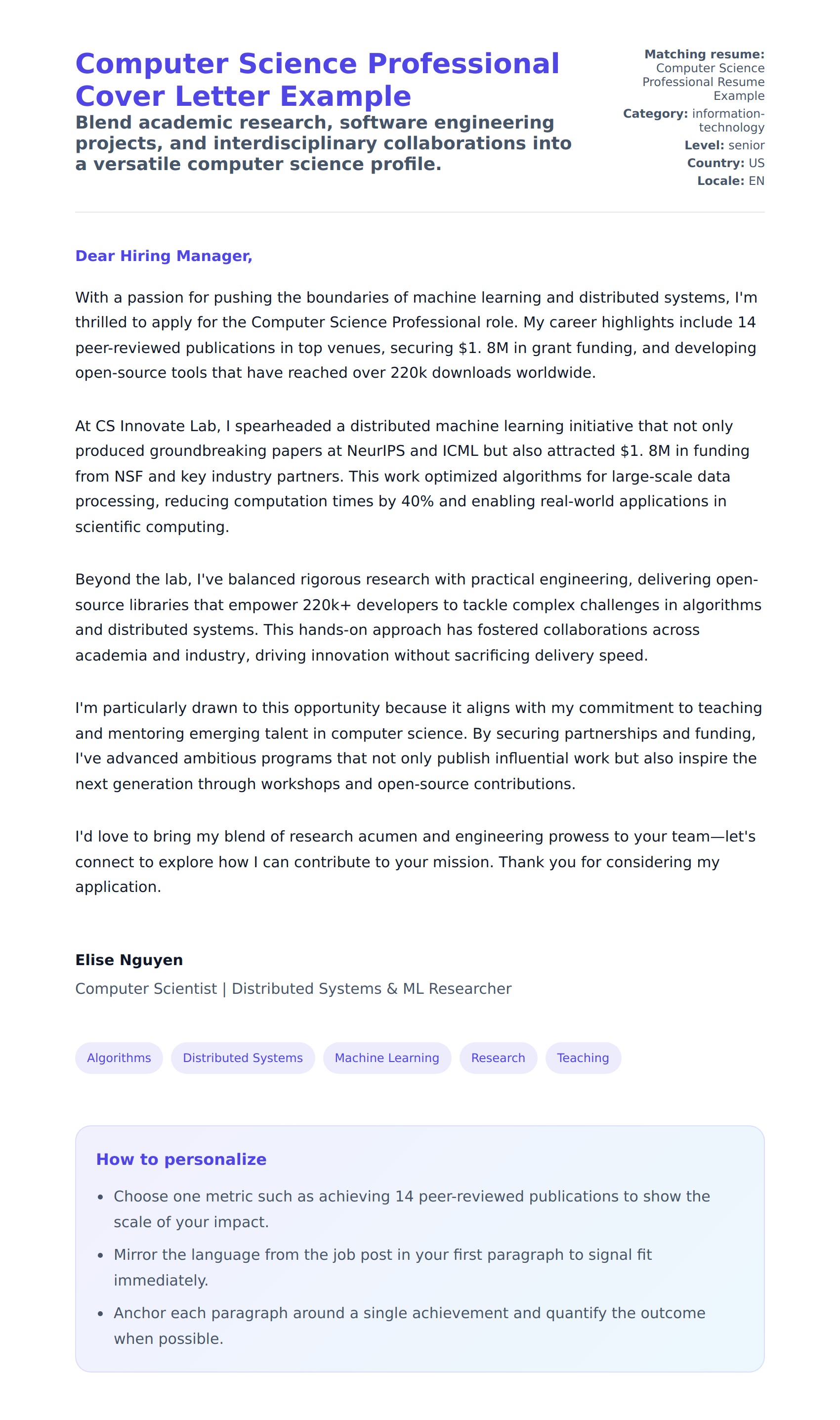 Cover Letter preview for Computer Science Professional Cover Letter Example