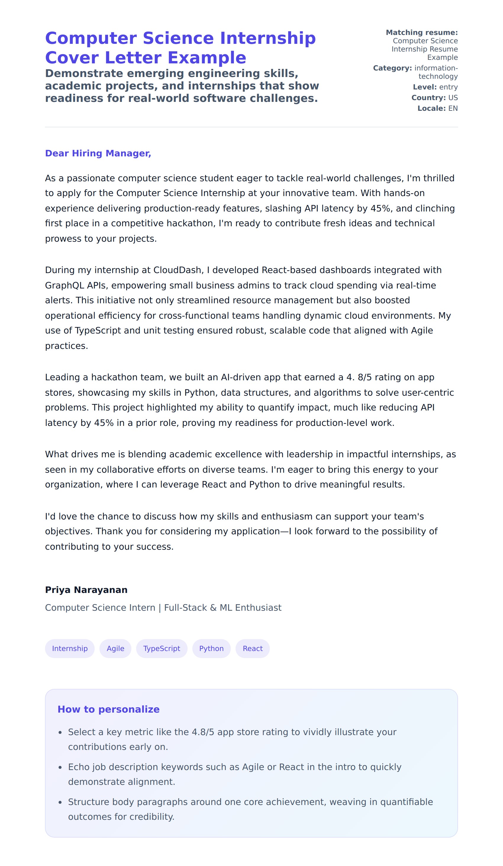 Cover Letter preview for Computer Science Internship Cover Letter Example