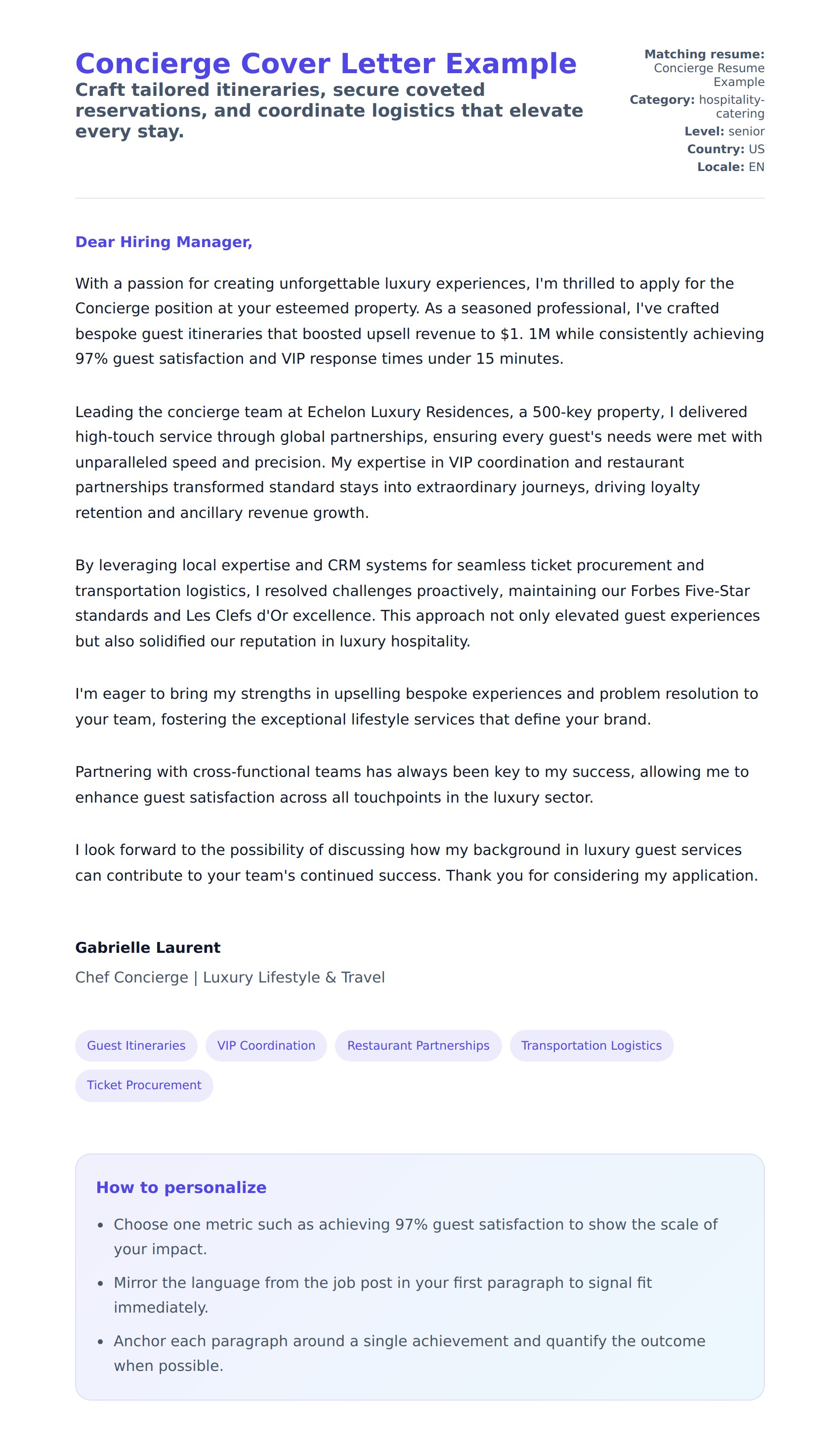 Cover Letter preview for Concierge Cover Letter Example