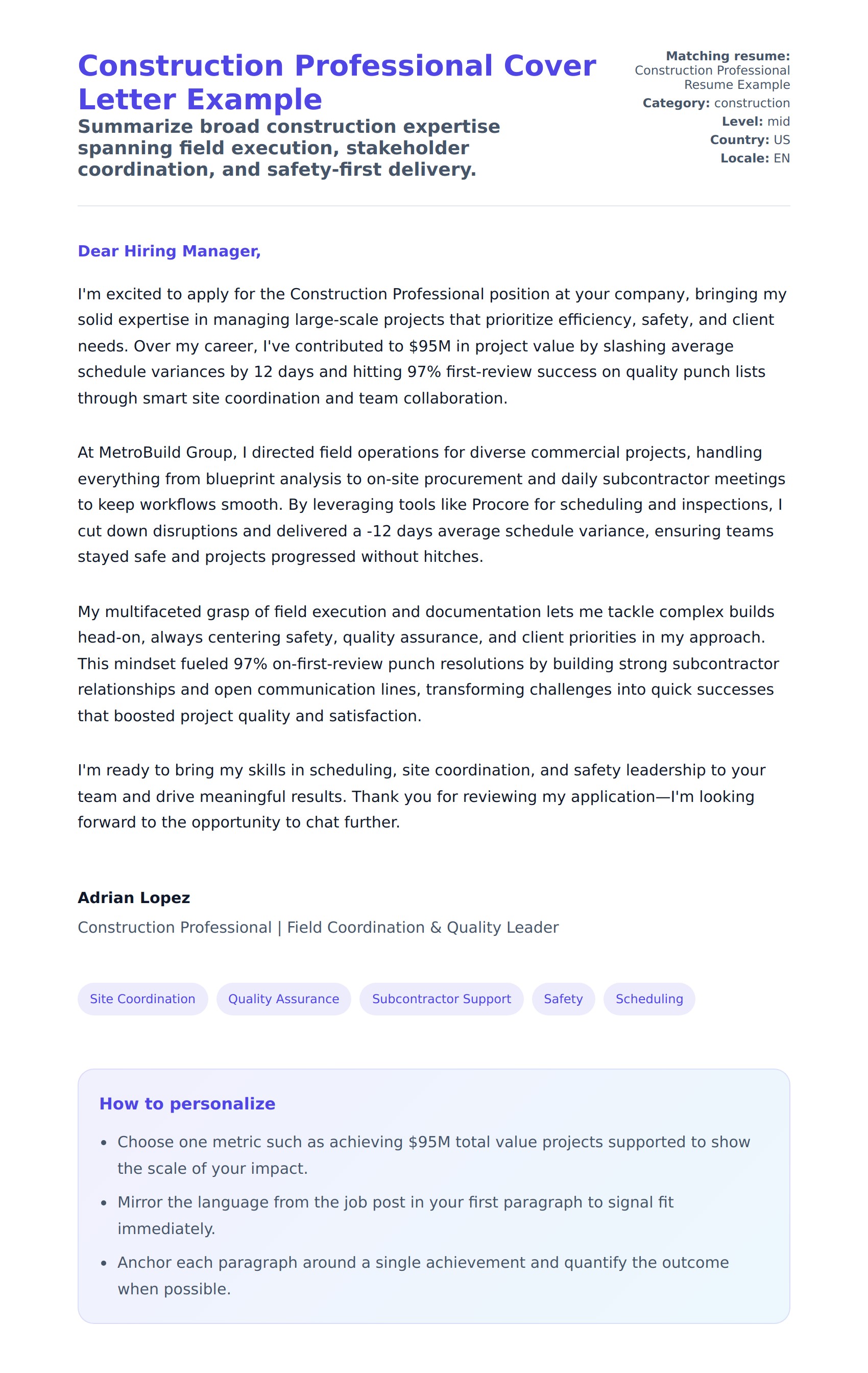 Cover Letter preview for Construction Professional Cover Letter Example