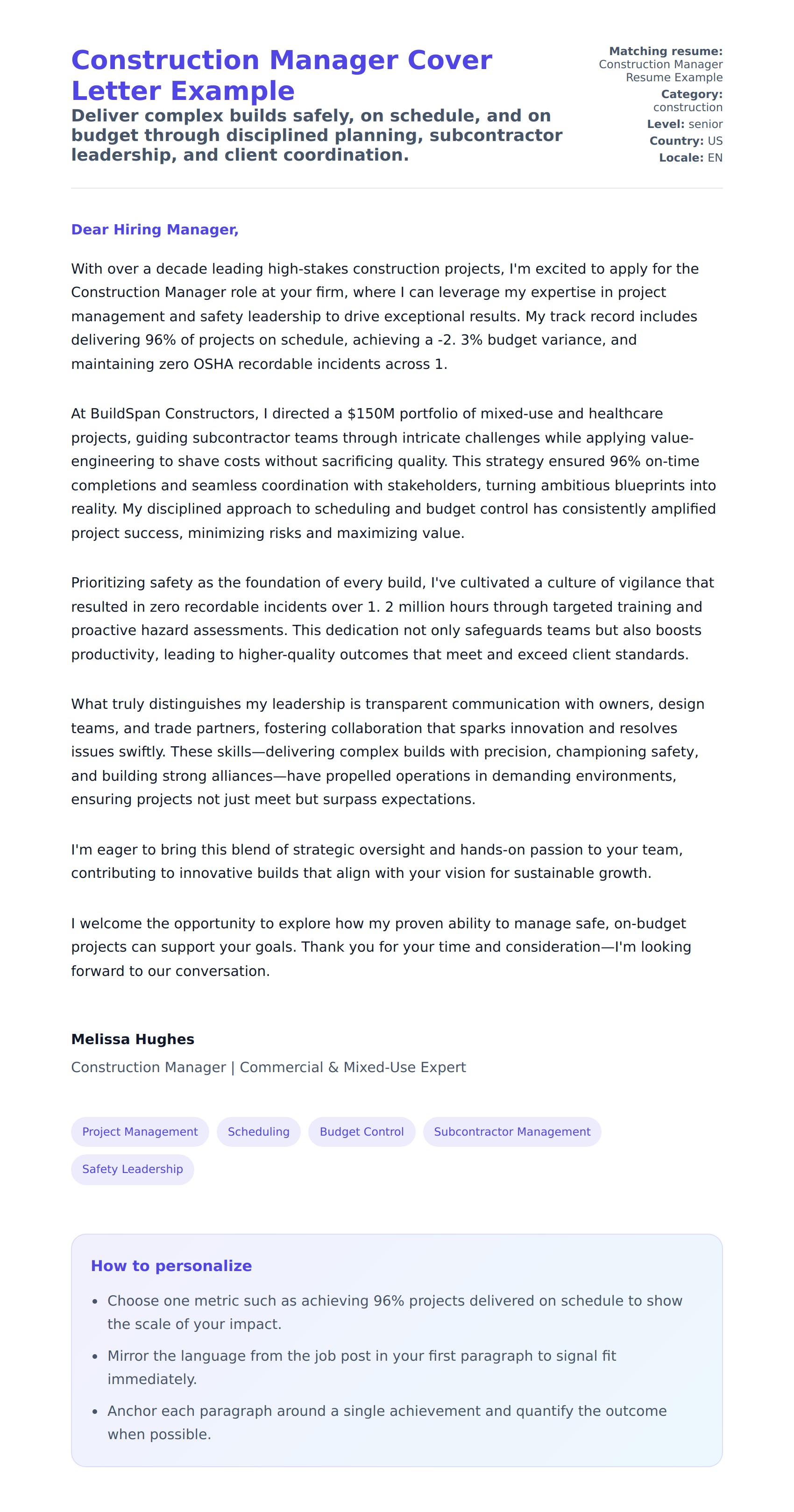 Cover Letter preview for Construction Manager Cover Letter Example