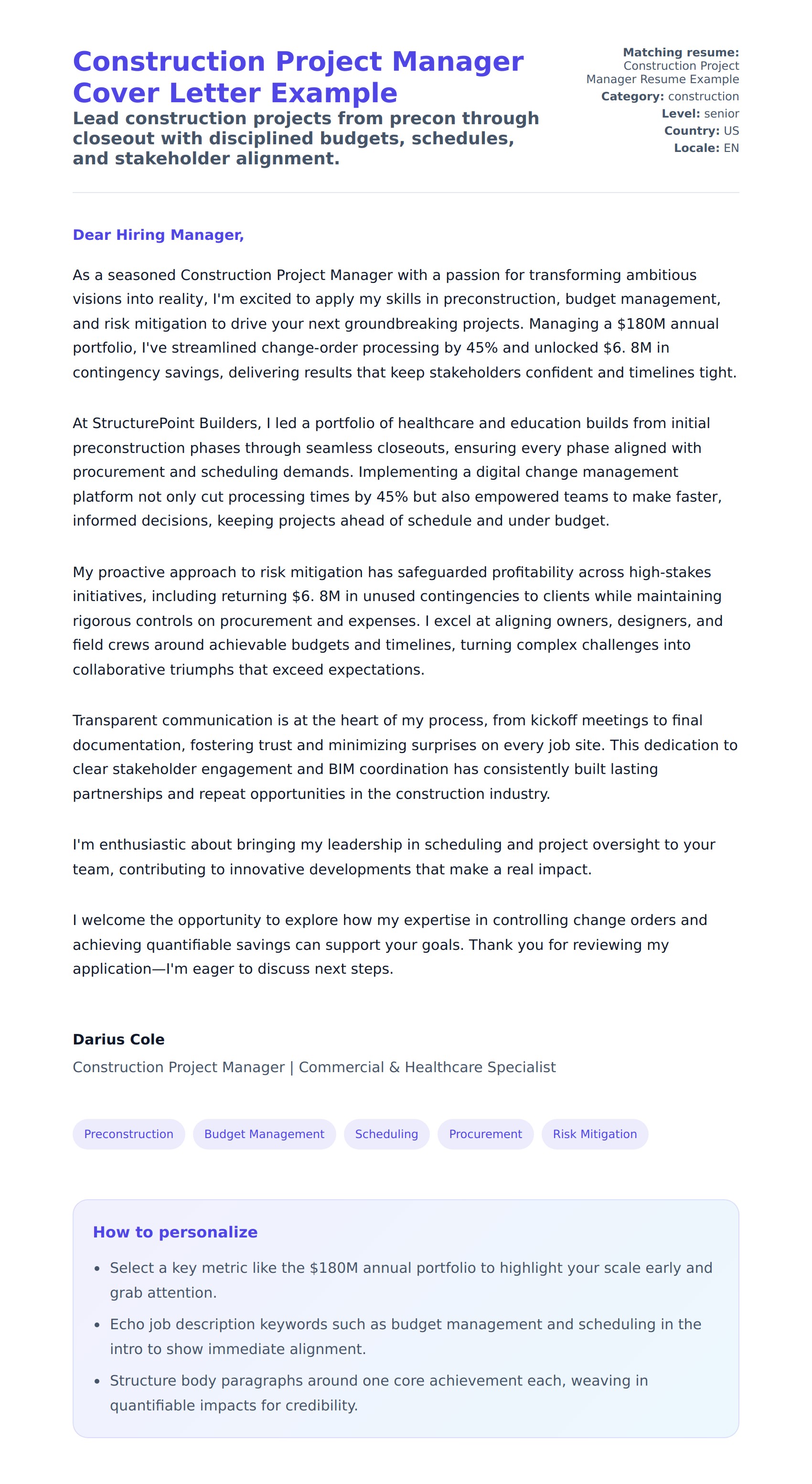 Cover Letter preview for Construction Project Manager Cover Letter Example