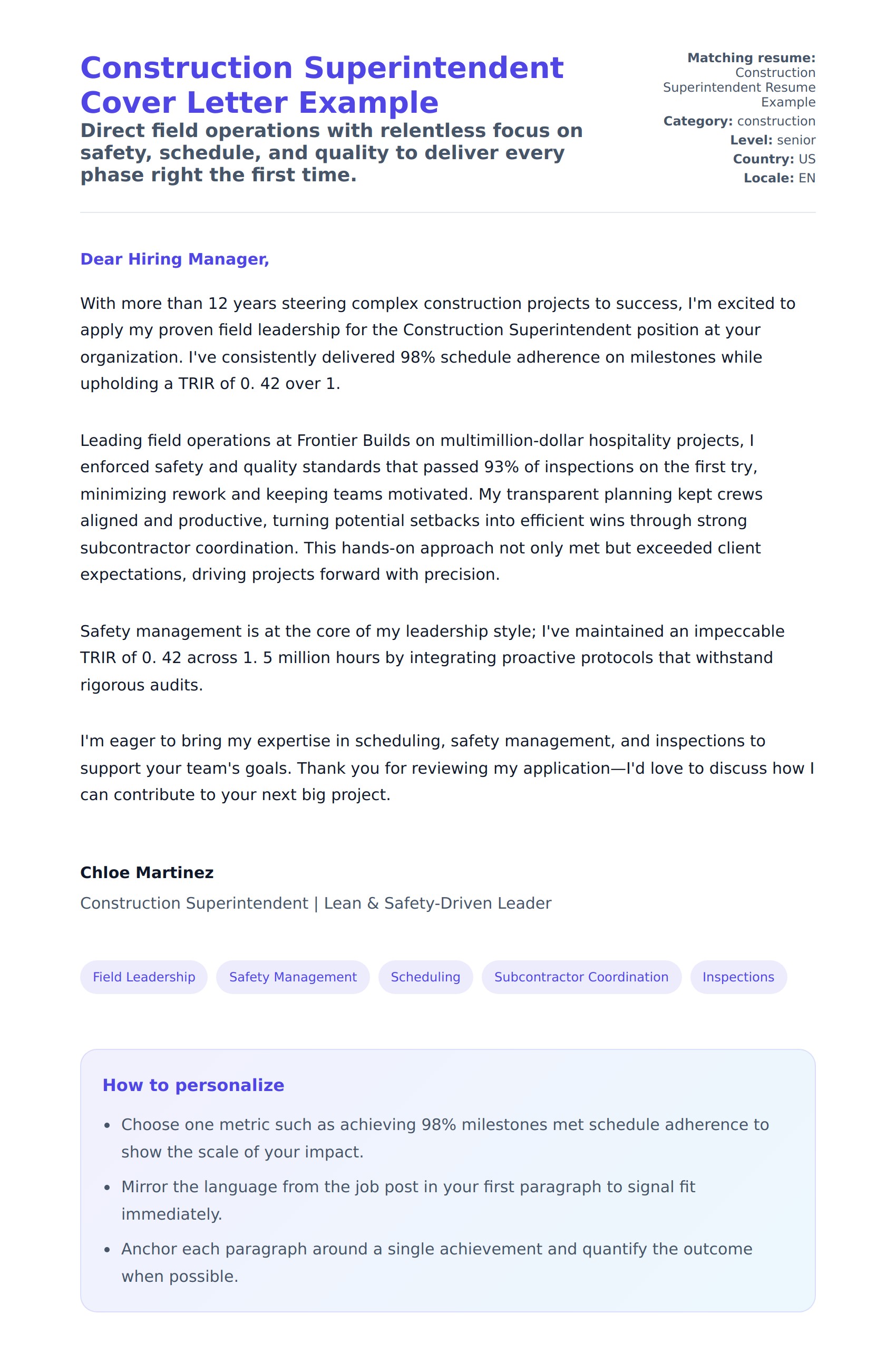Cover Letter preview for Construction Superintendent Cover Letter Example