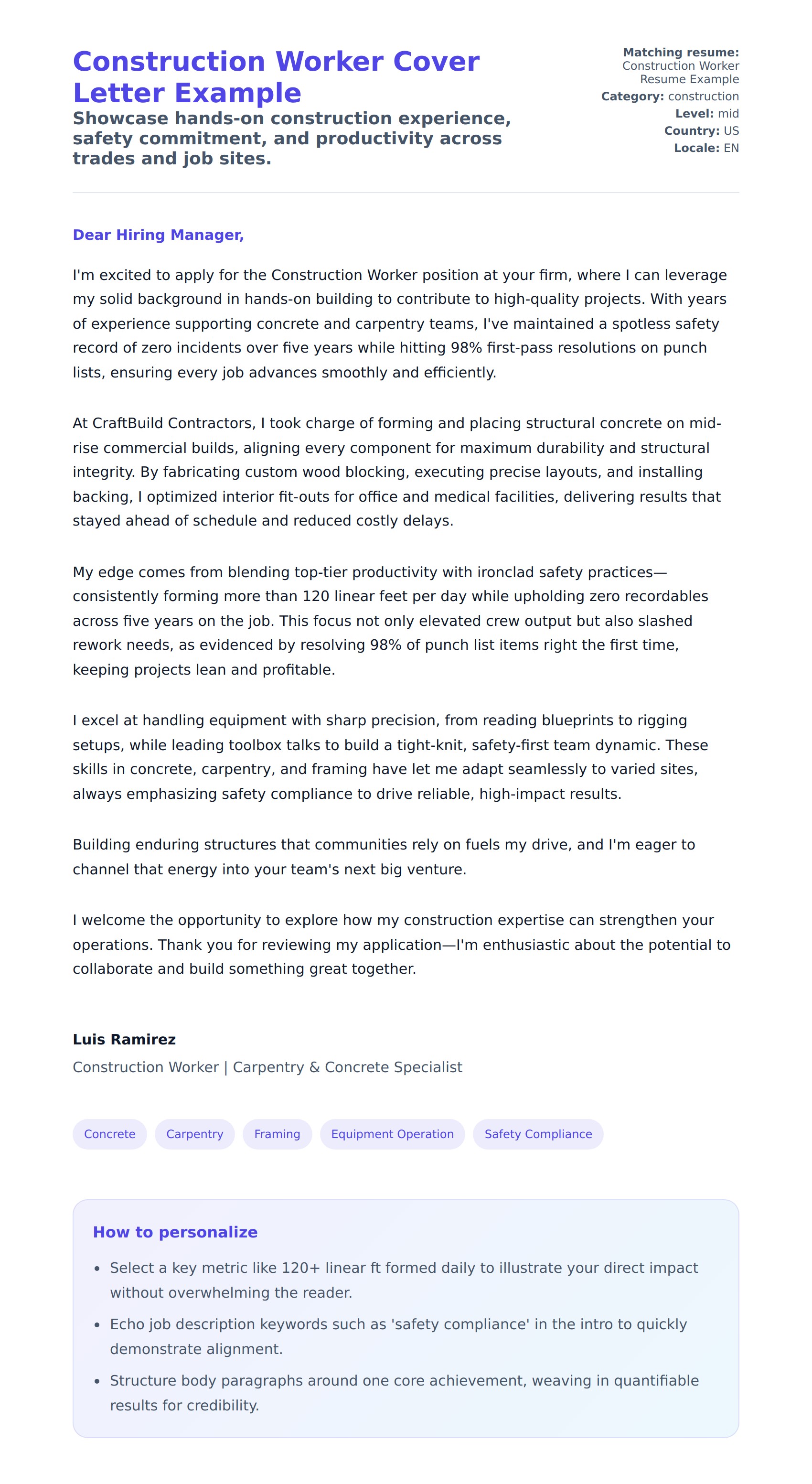 Cover Letter preview for Construction Worker Cover Letter Example