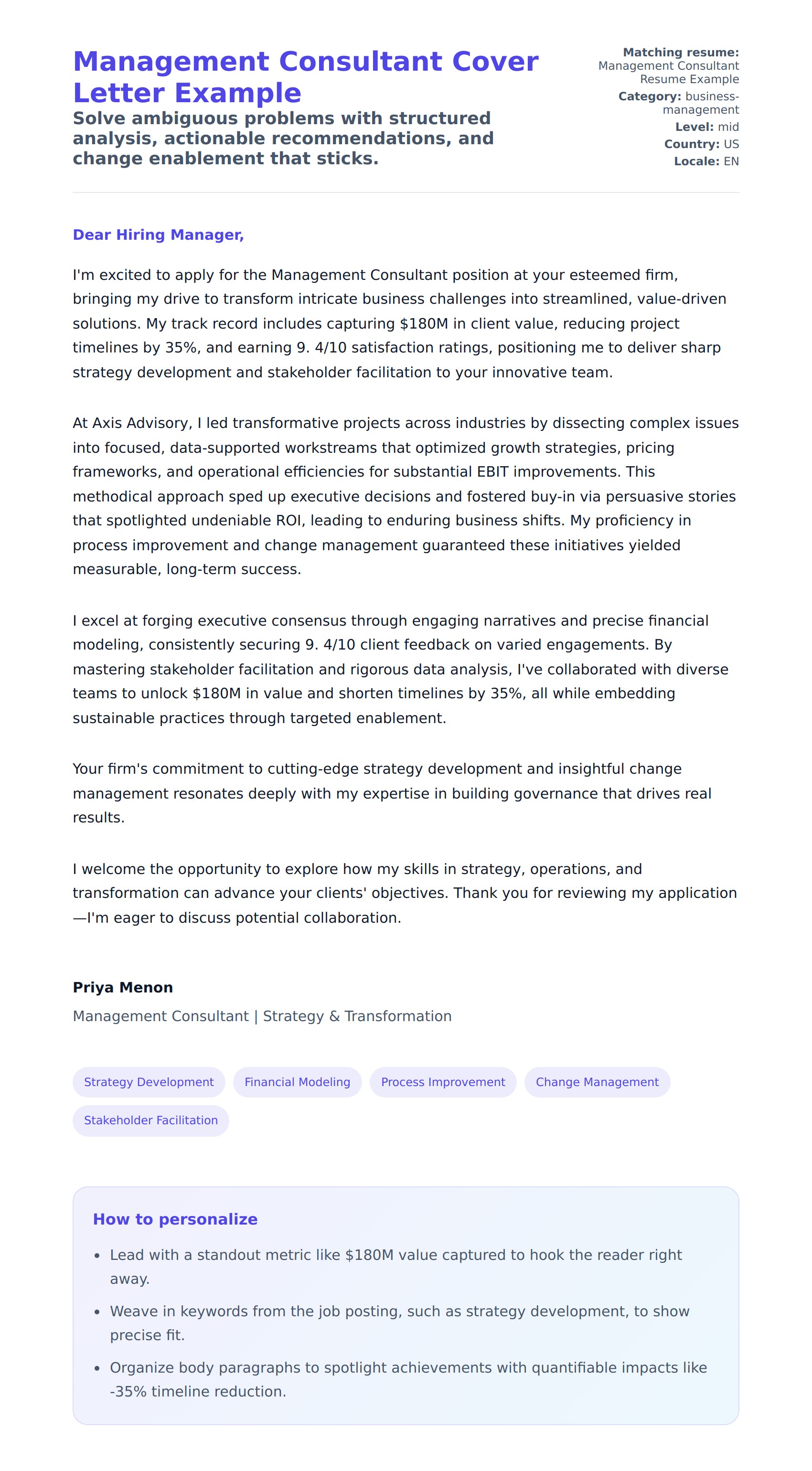 Cover Letter preview for Management Consultant Cover Letter Example