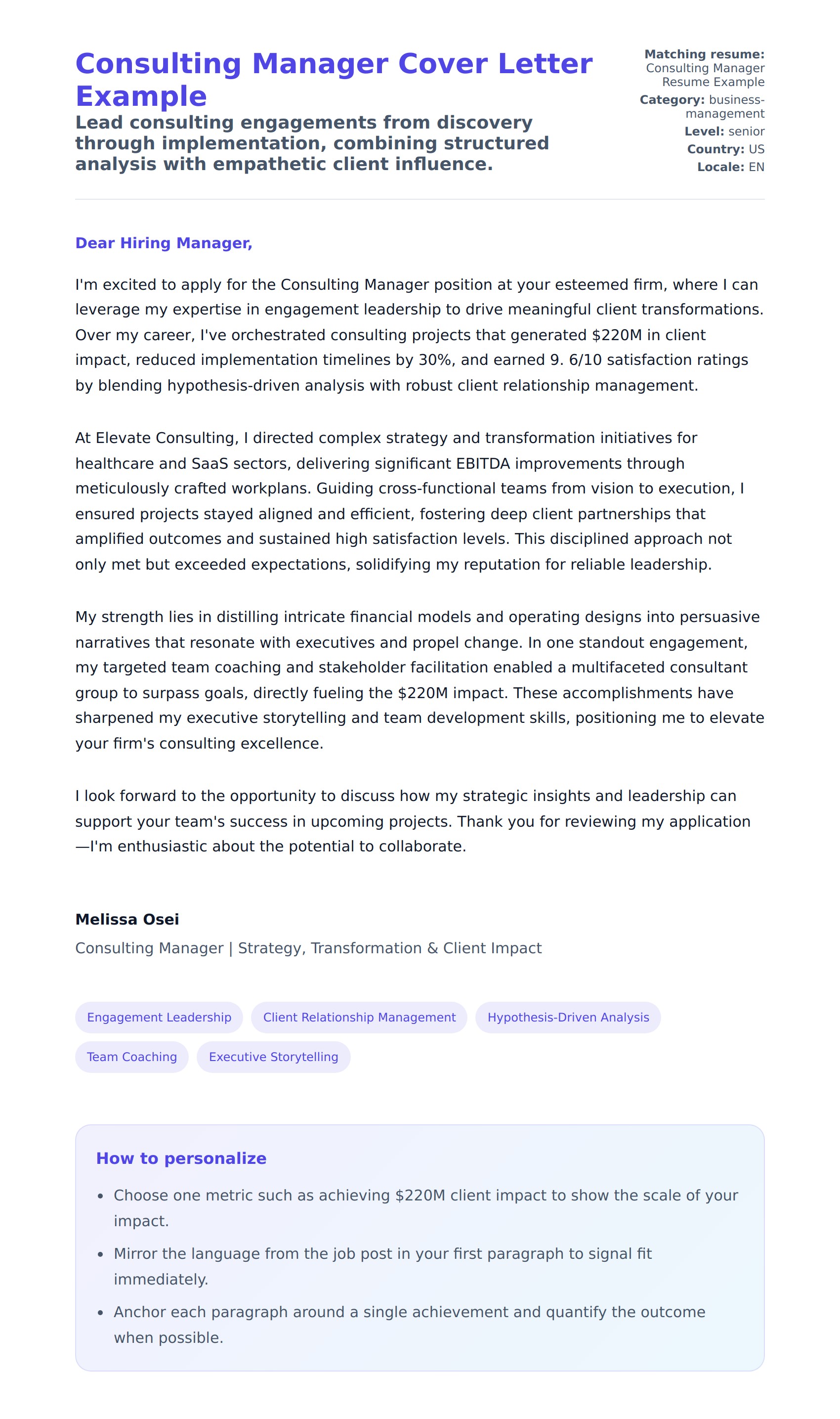 Cover Letter preview for Consulting Manager Cover Letter Example