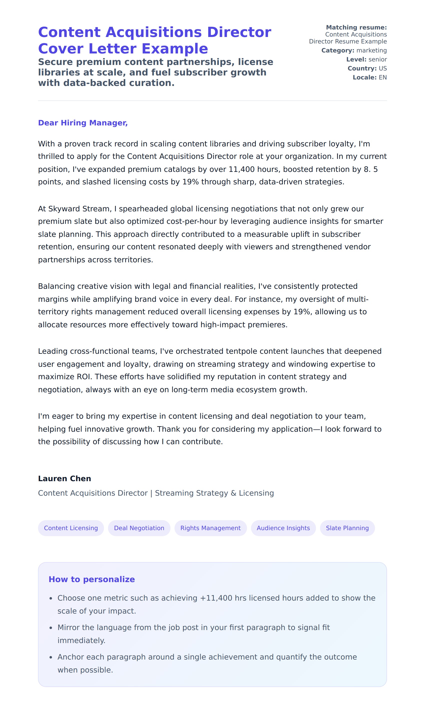 Cover Letter preview for Content Acquisitions Director Cover Letter Example
