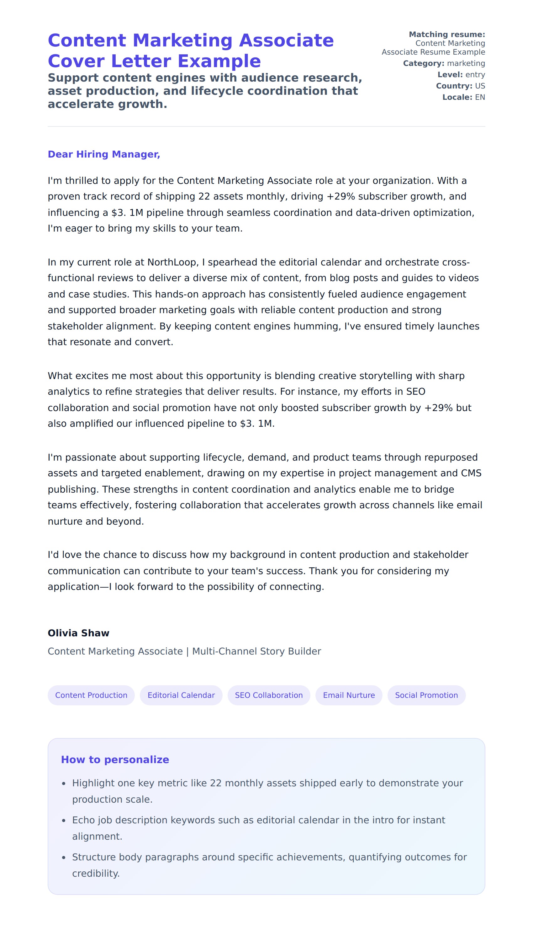 Cover Letter preview for Content Marketing Associate Cover Letter Example