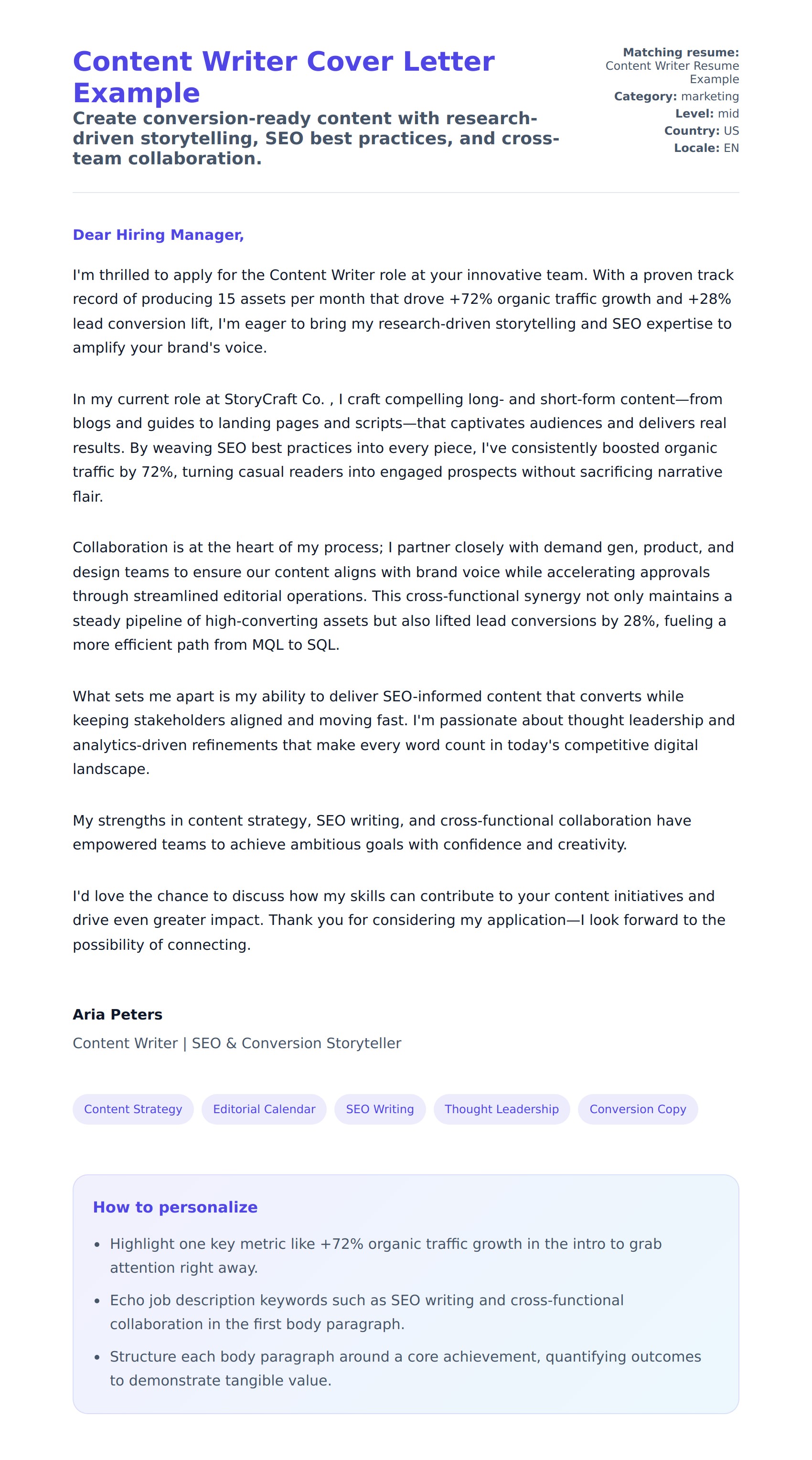 Cover Letter preview for Content Writer Cover Letter Example