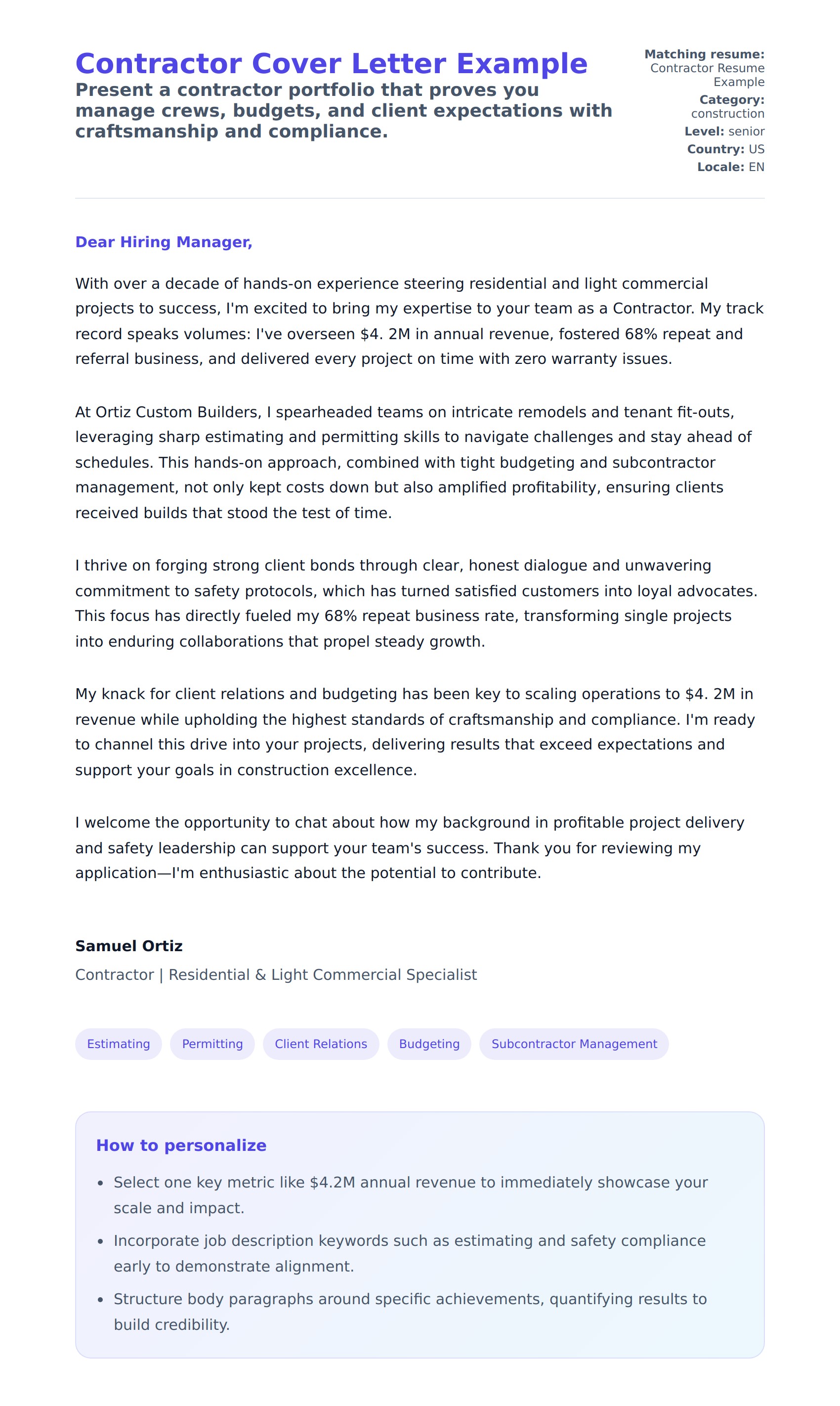 Cover Letter preview for Contractor Cover Letter Example