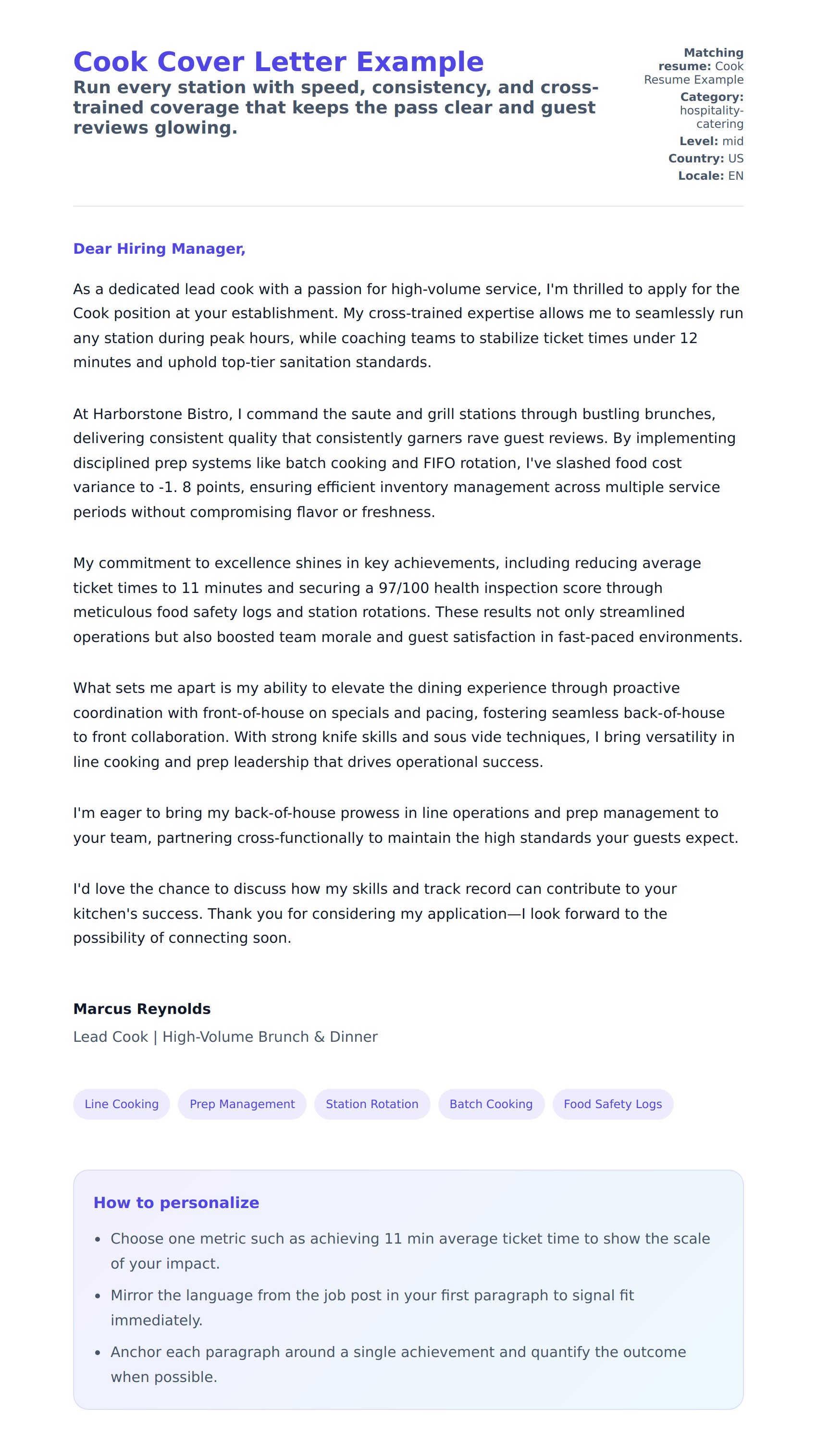 Cover Letter preview for Cook Cover Letter Example