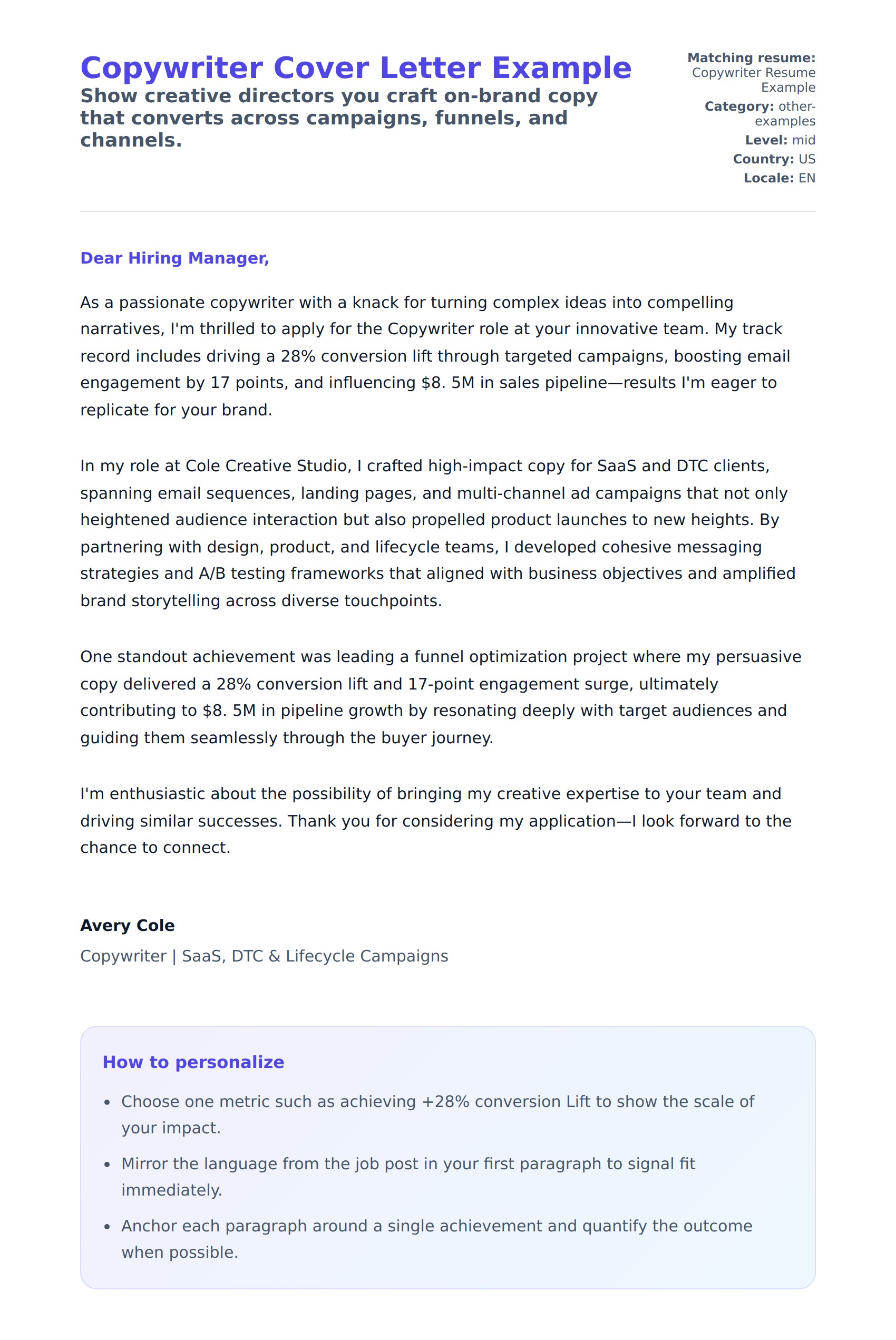 Cover Letter preview for Copywriter Cover Letter Example