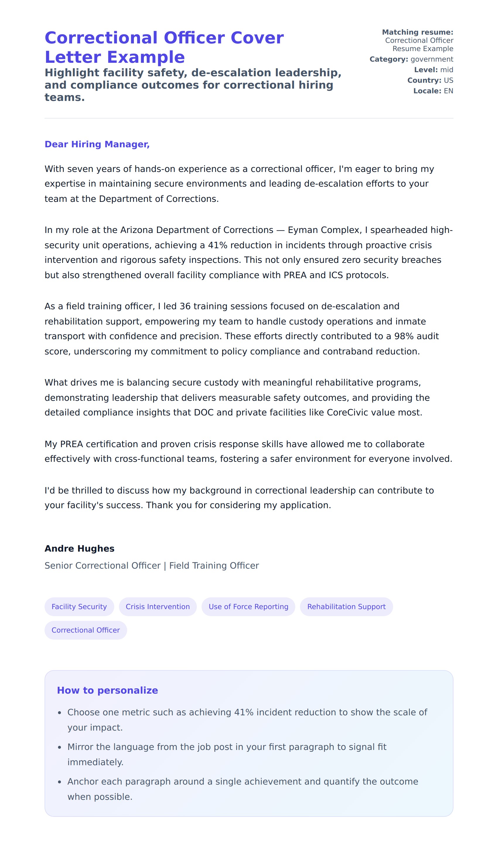 Cover Letter preview for Correctional Officer Cover Letter Example