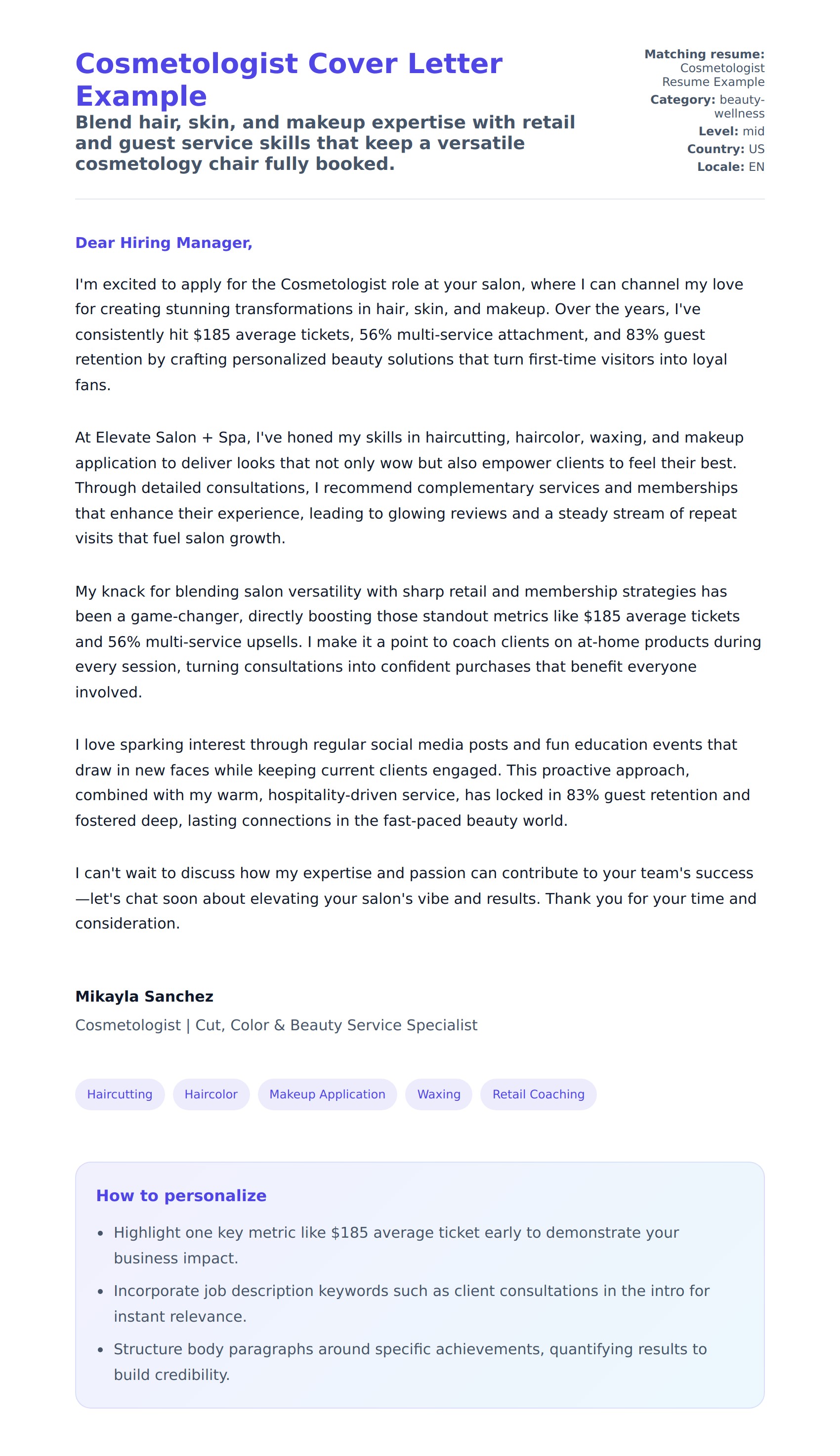 Cover Letter preview for Cosmetologist Cover Letter Example