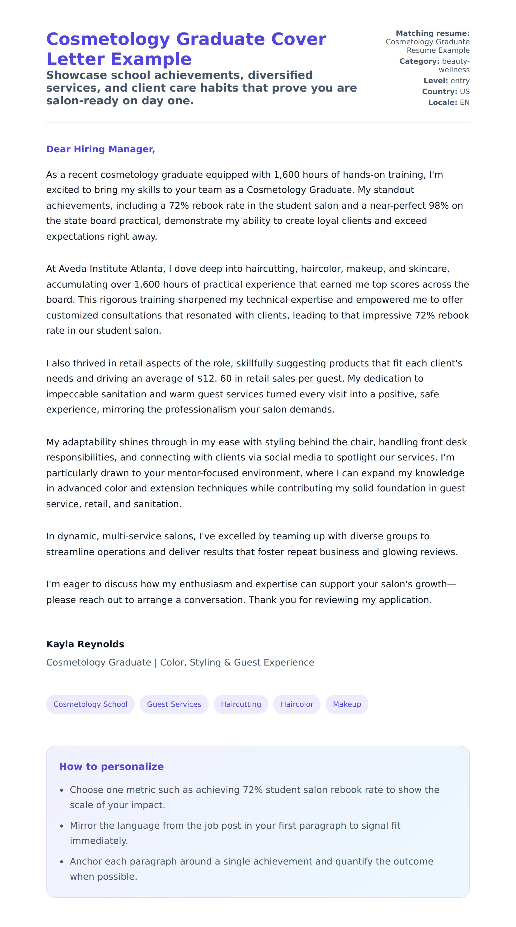 Cover Letter preview for Cosmetology Graduate Cover Letter Example