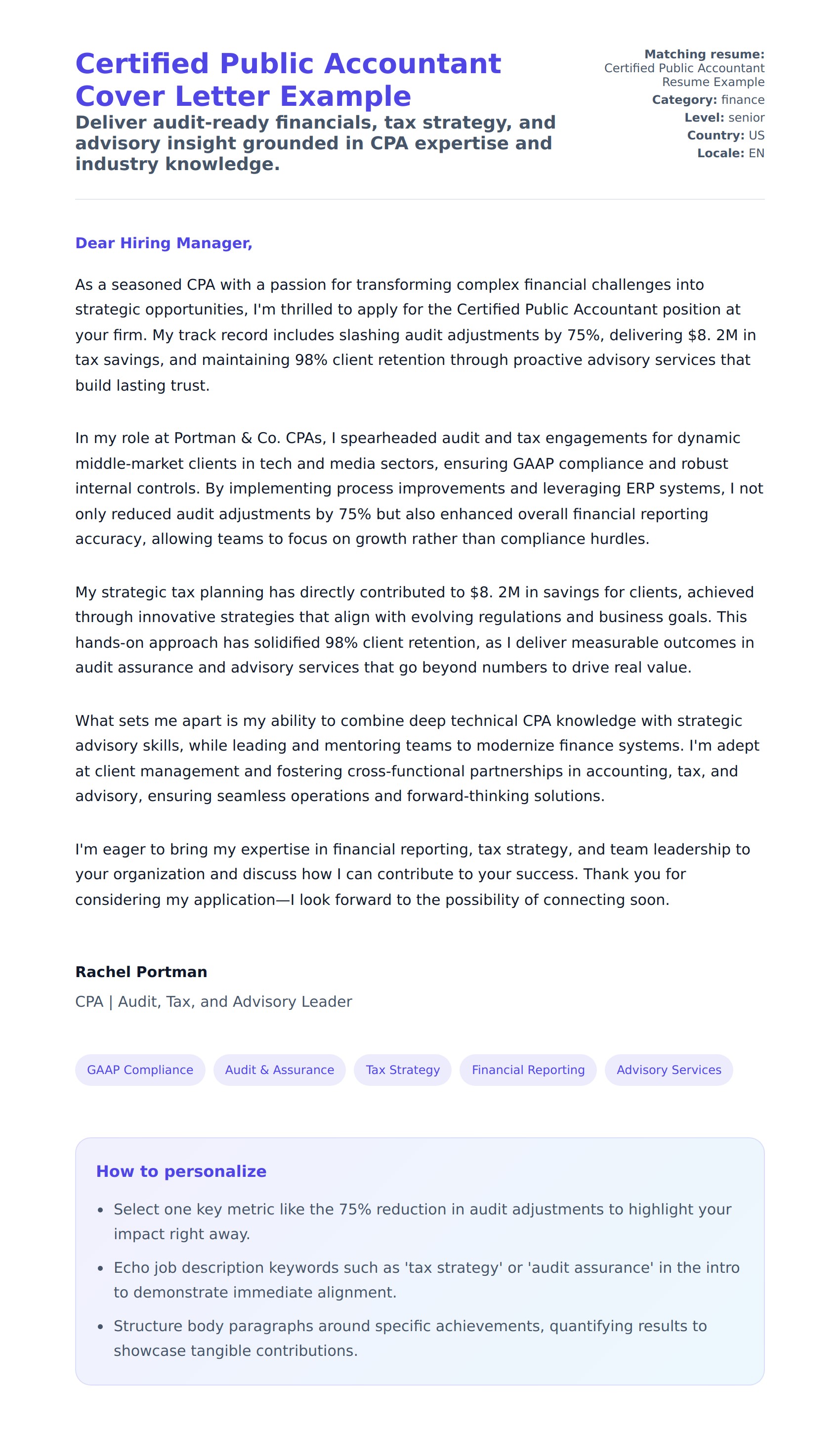 Cover Letter preview for Certified Public Accountant Cover Letter Example