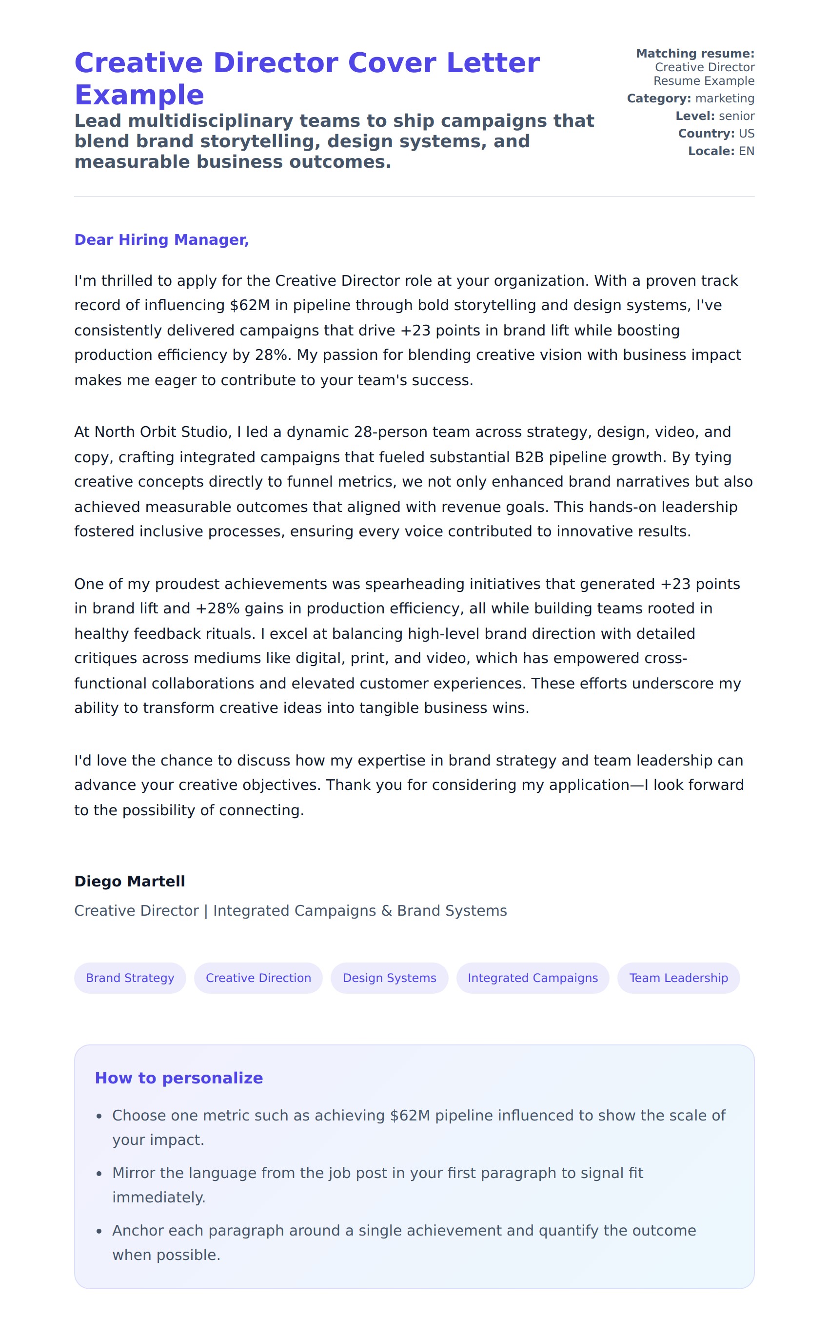 Cover Letter preview for Creative Director Cover Letter Example