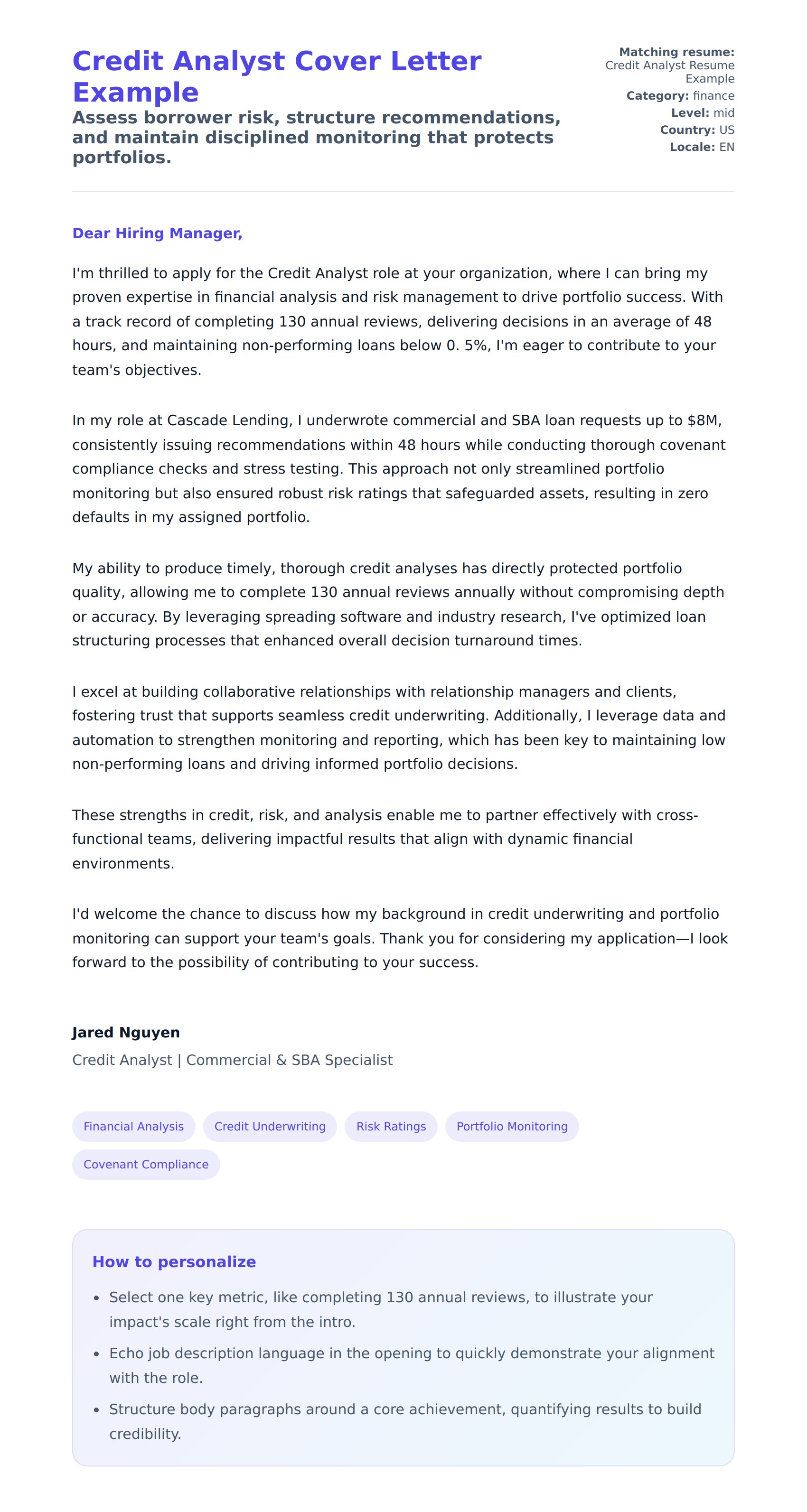 Cover Letter preview for Credit Analyst Cover Letter Example