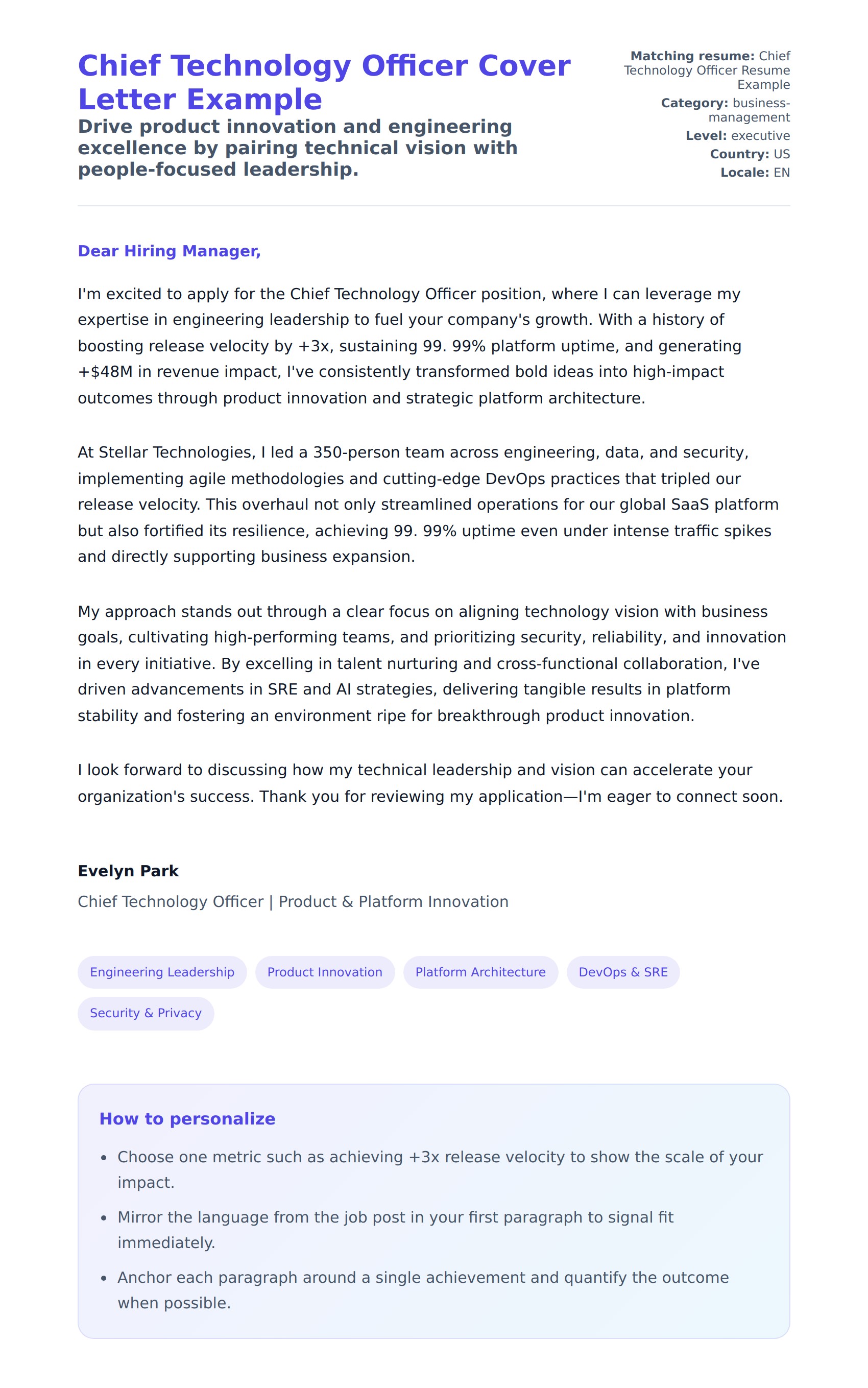 Cover Letter preview for Chief Technology Officer Cover Letter Example