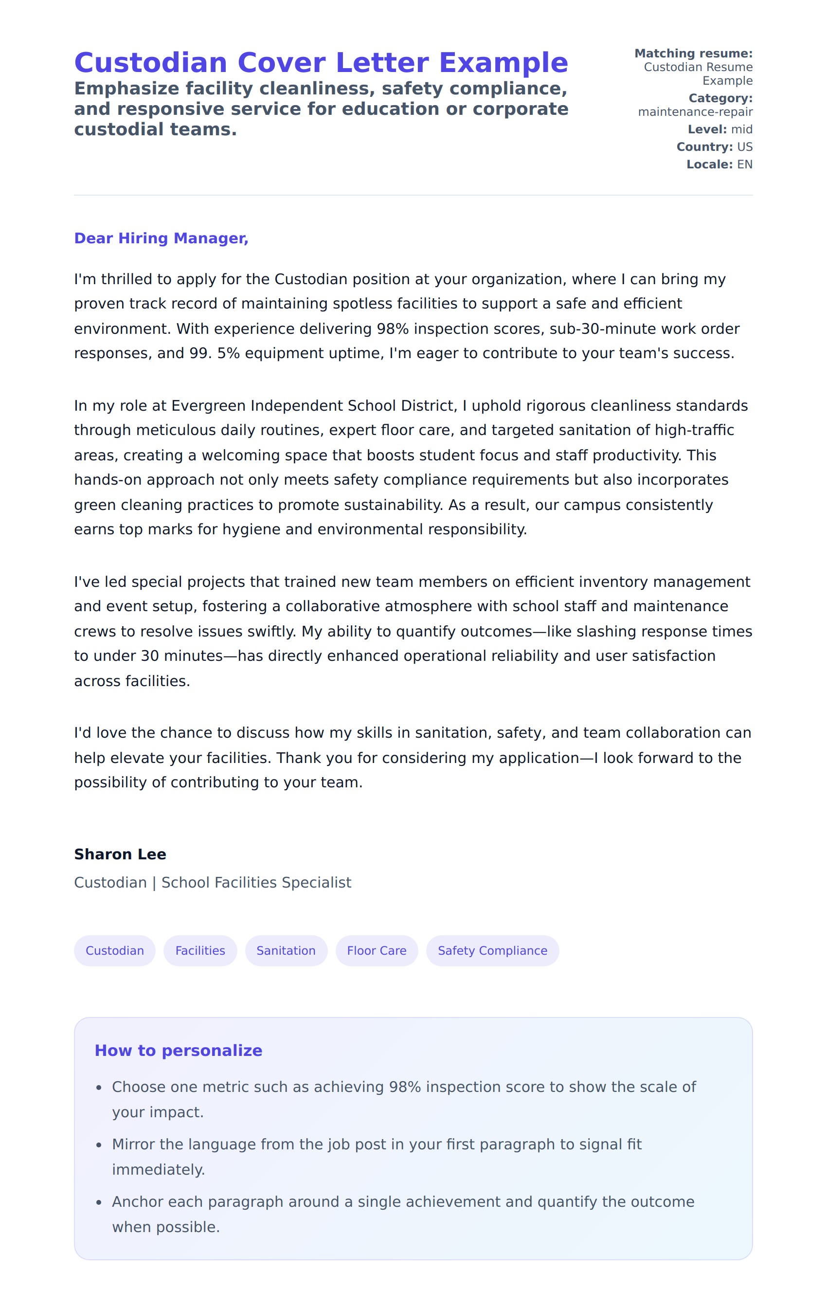 Cover Letter preview for Custodian Cover Letter Example