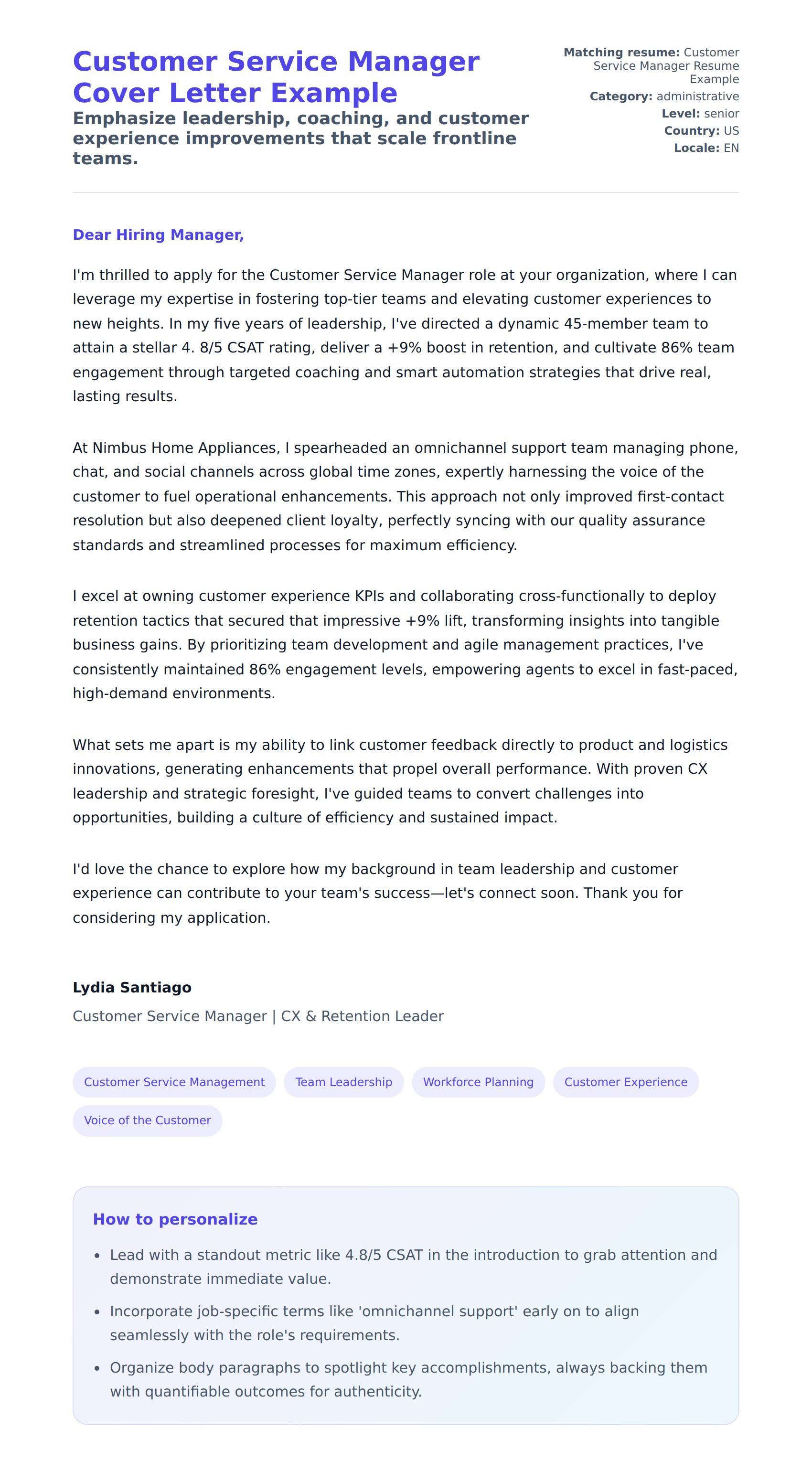 Cover Letter preview for Customer Service Manager Cover Letter Example