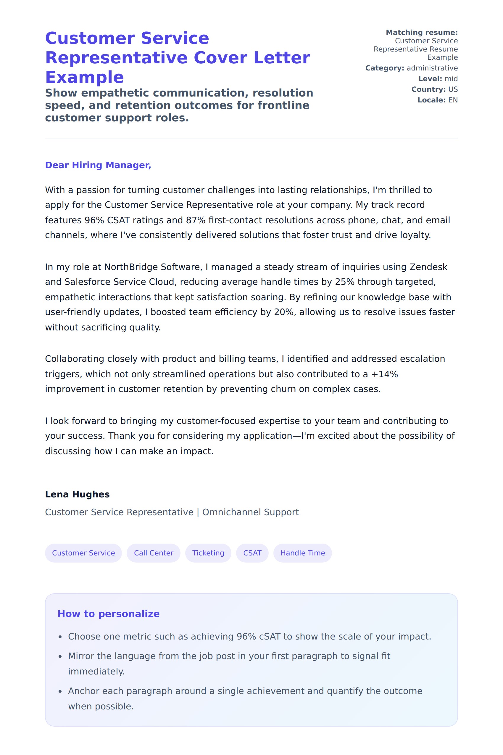 Cover Letter preview for Customer Service Representative Cover Letter Example