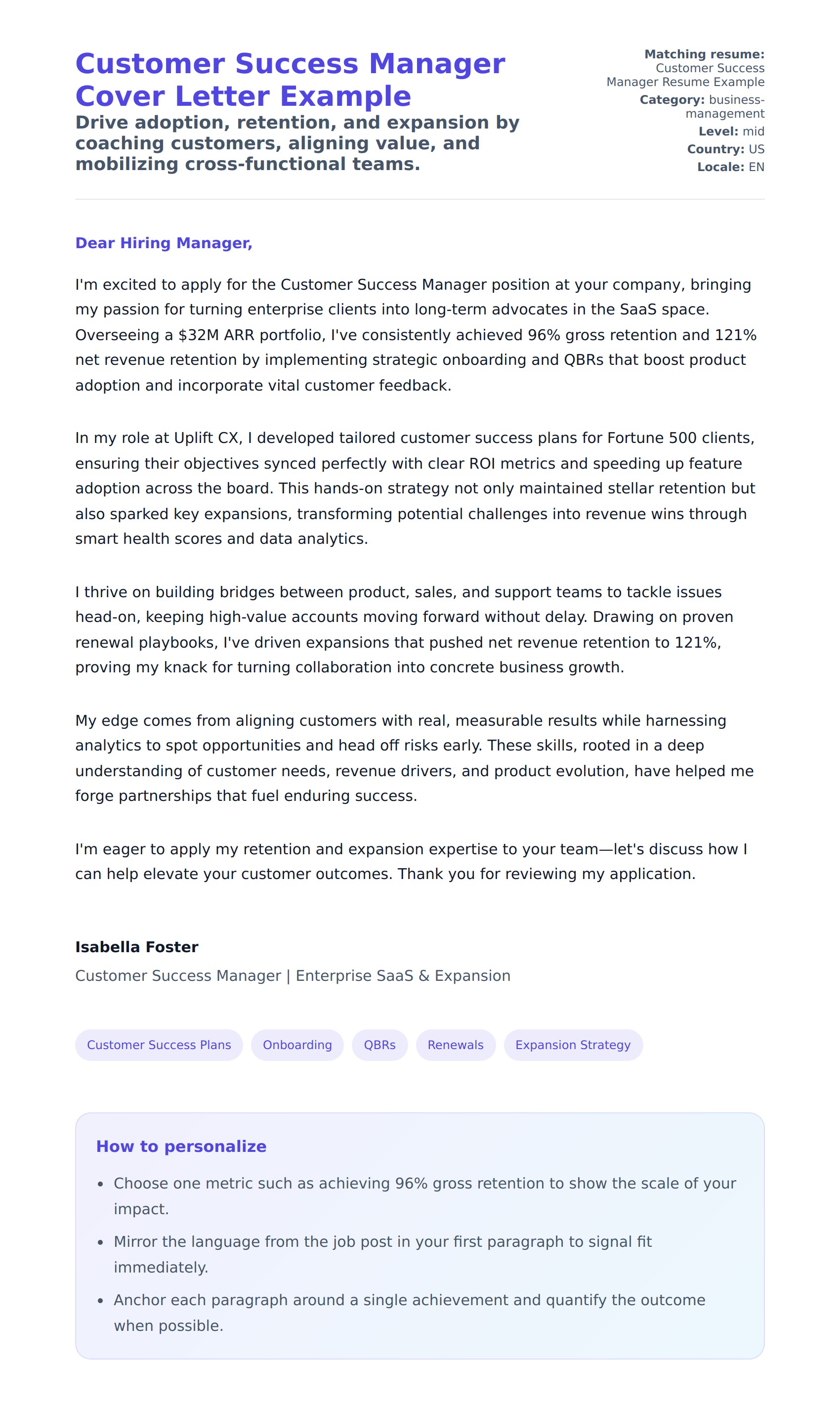 Cover Letter preview for Customer Success Manager Cover Letter Example