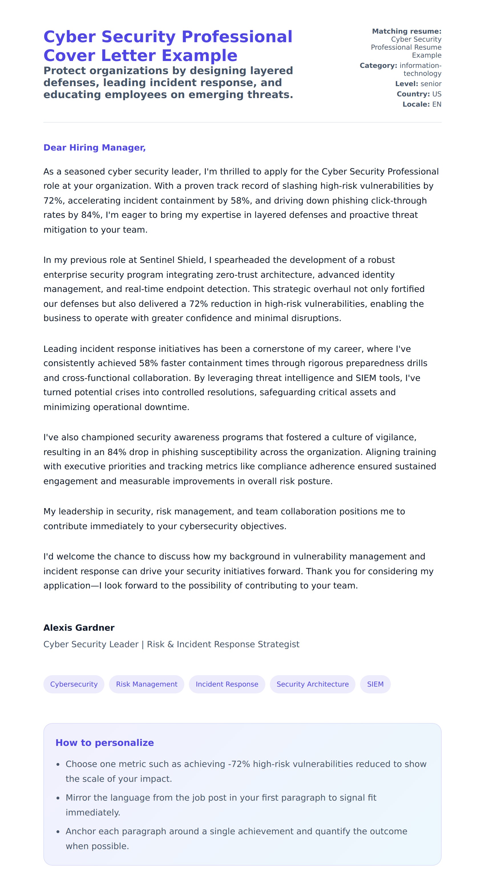 Cover Letter preview for Cyber Security Professional Cover Letter Example