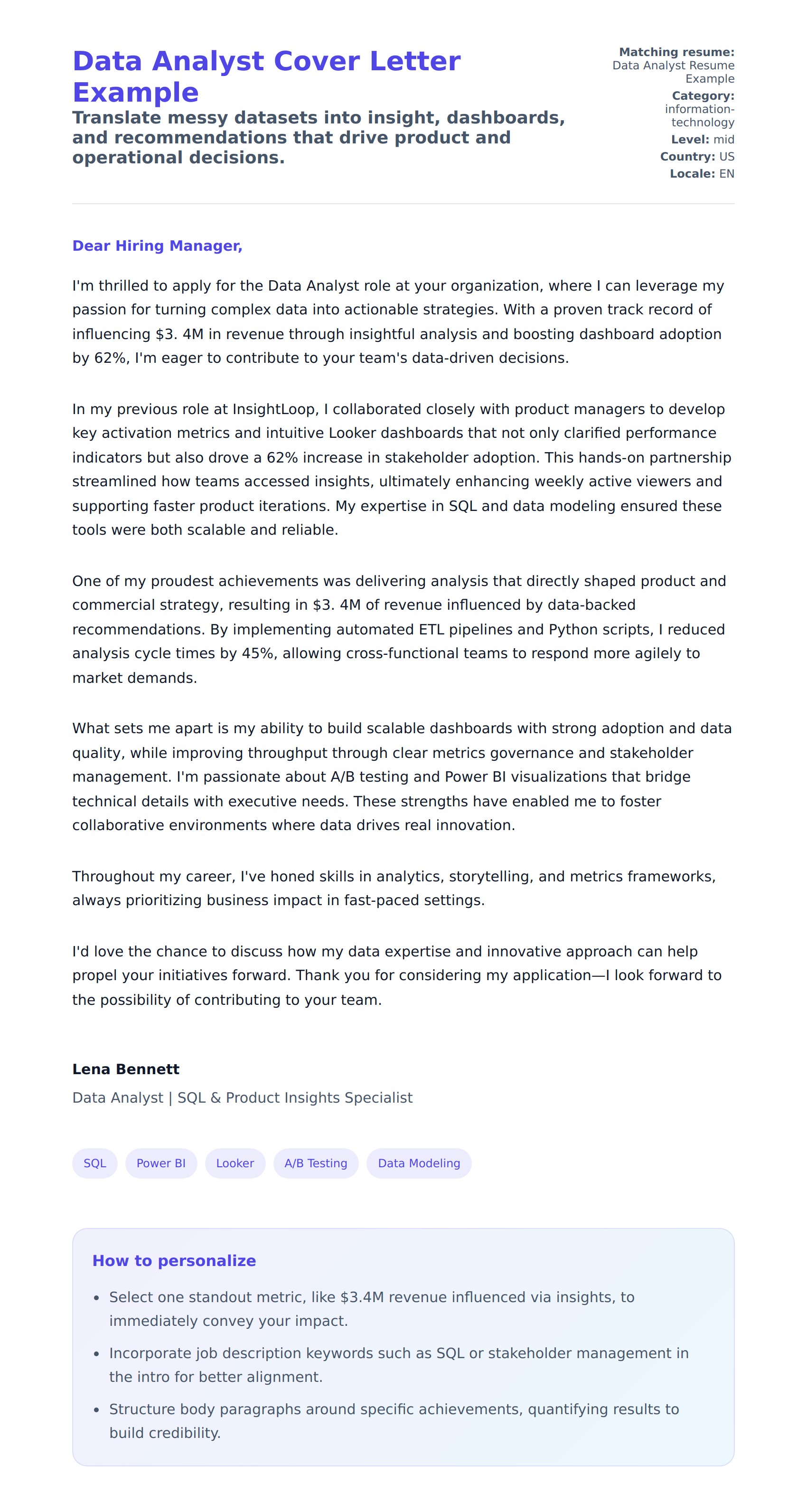 Cover Letter preview for Data Analyst Cover Letter Example