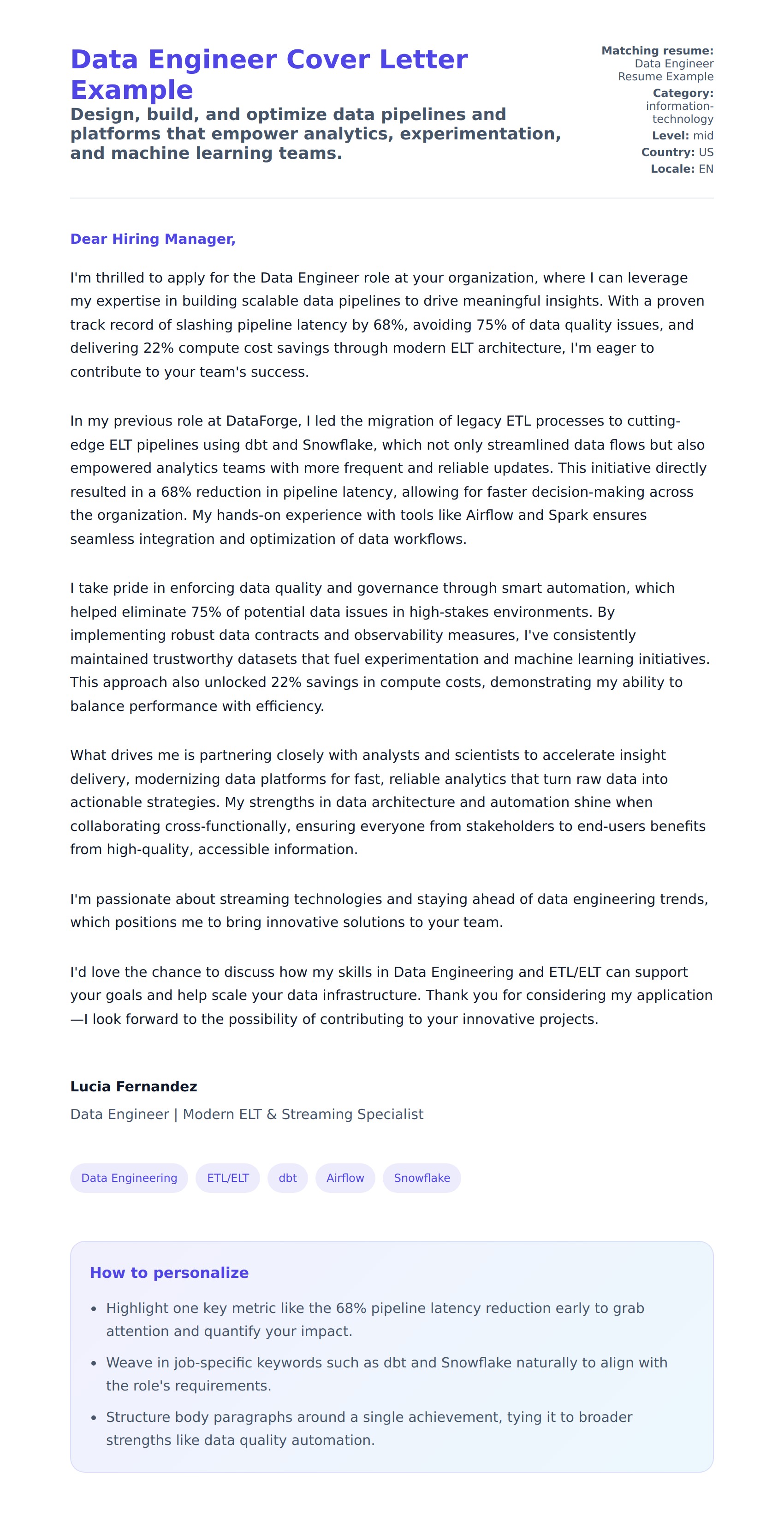 Cover Letter preview for Data Engineer Cover Letter Example