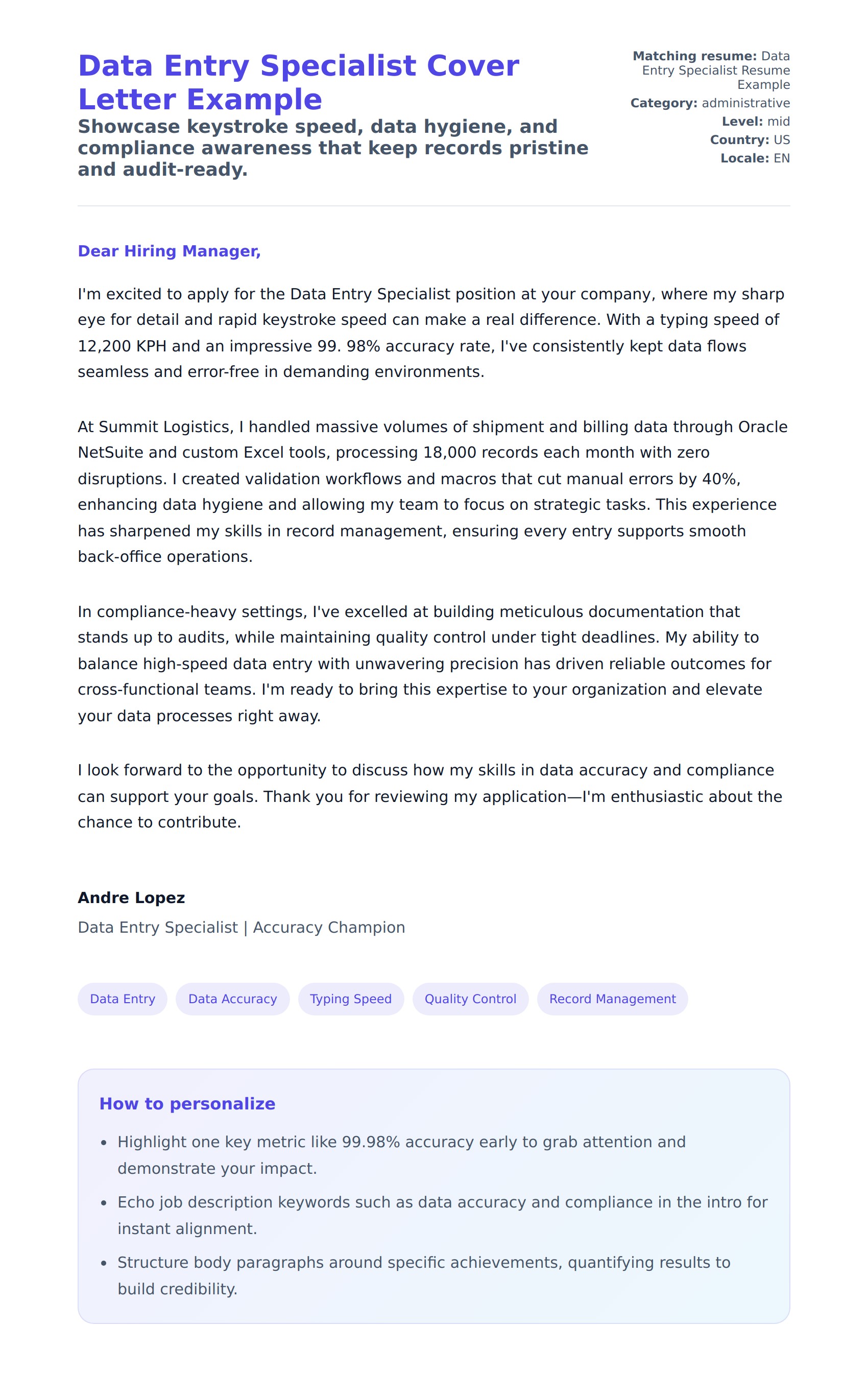 Data Entry Specialist Cover Letter Example