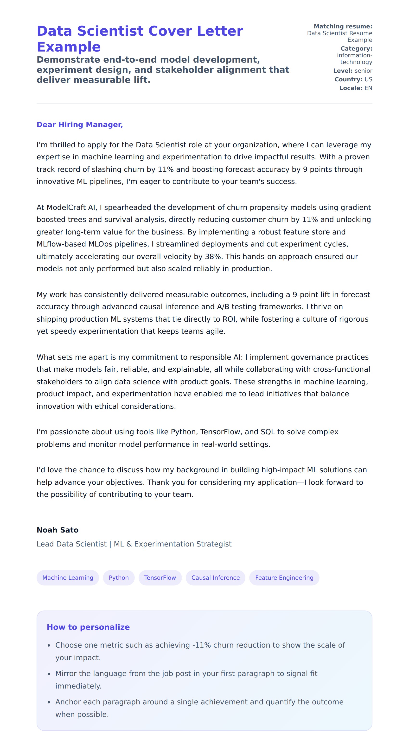 Cover Letter preview for Data Scientist Cover Letter Example