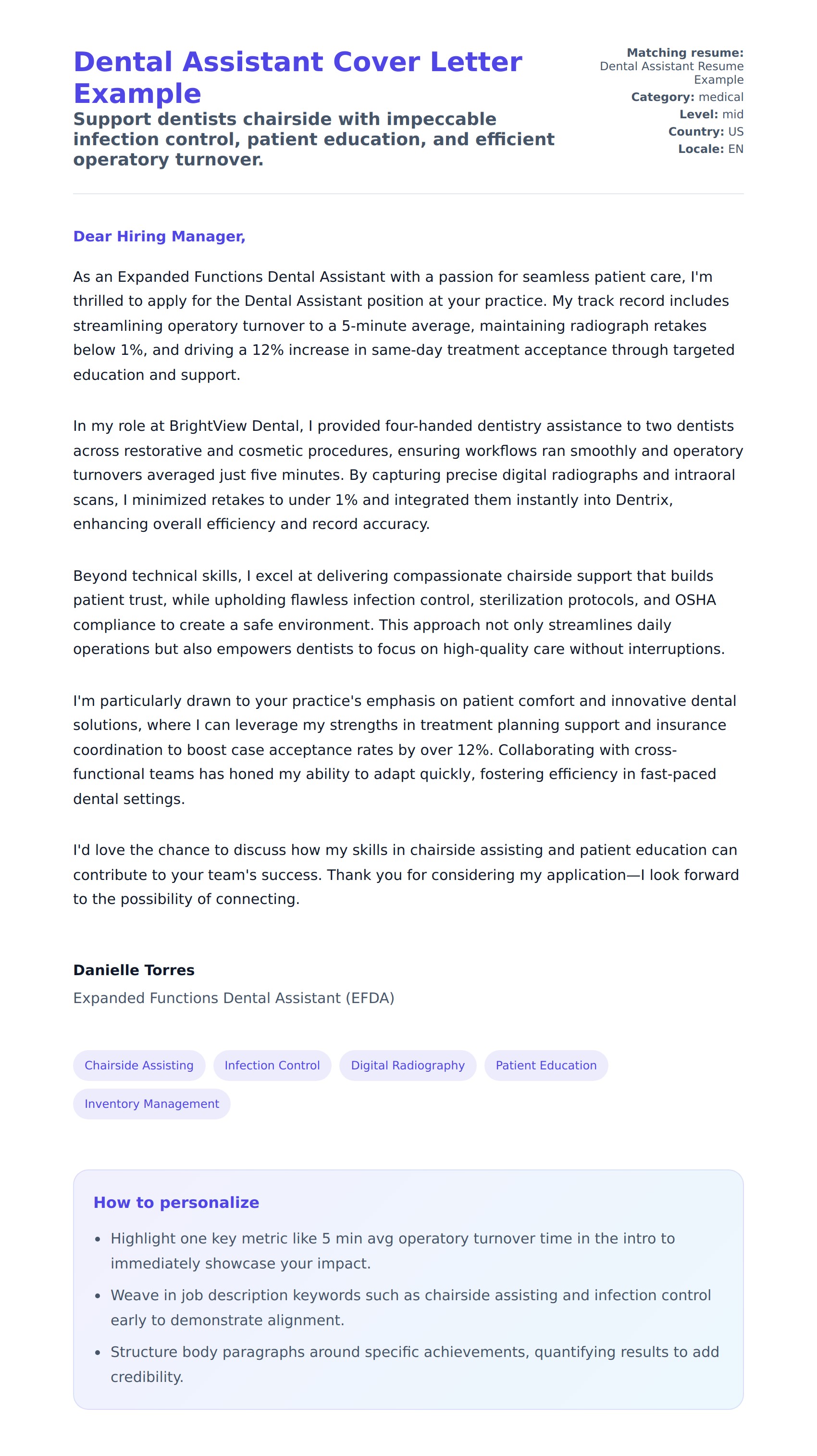 Cover Letter preview for Dental Assistant Cover Letter Example