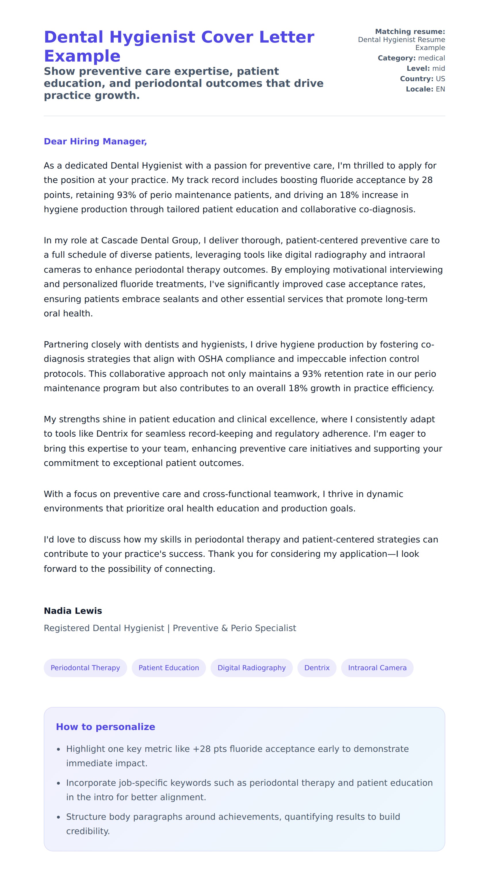 Cover Letter preview for Dental Hygienist Cover Letter Example