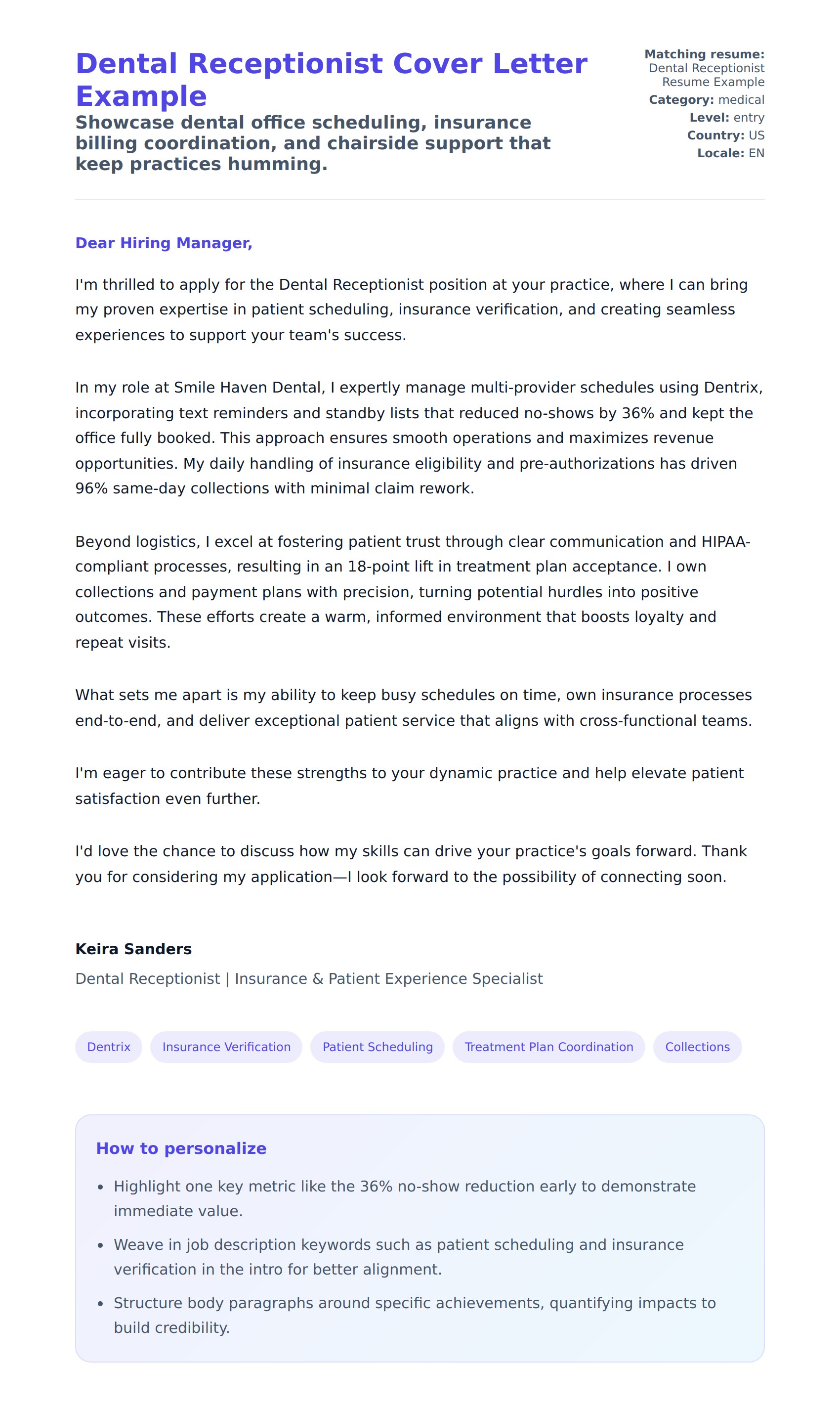 Cover Letter preview for Dental Receptionist Cover Letter Example