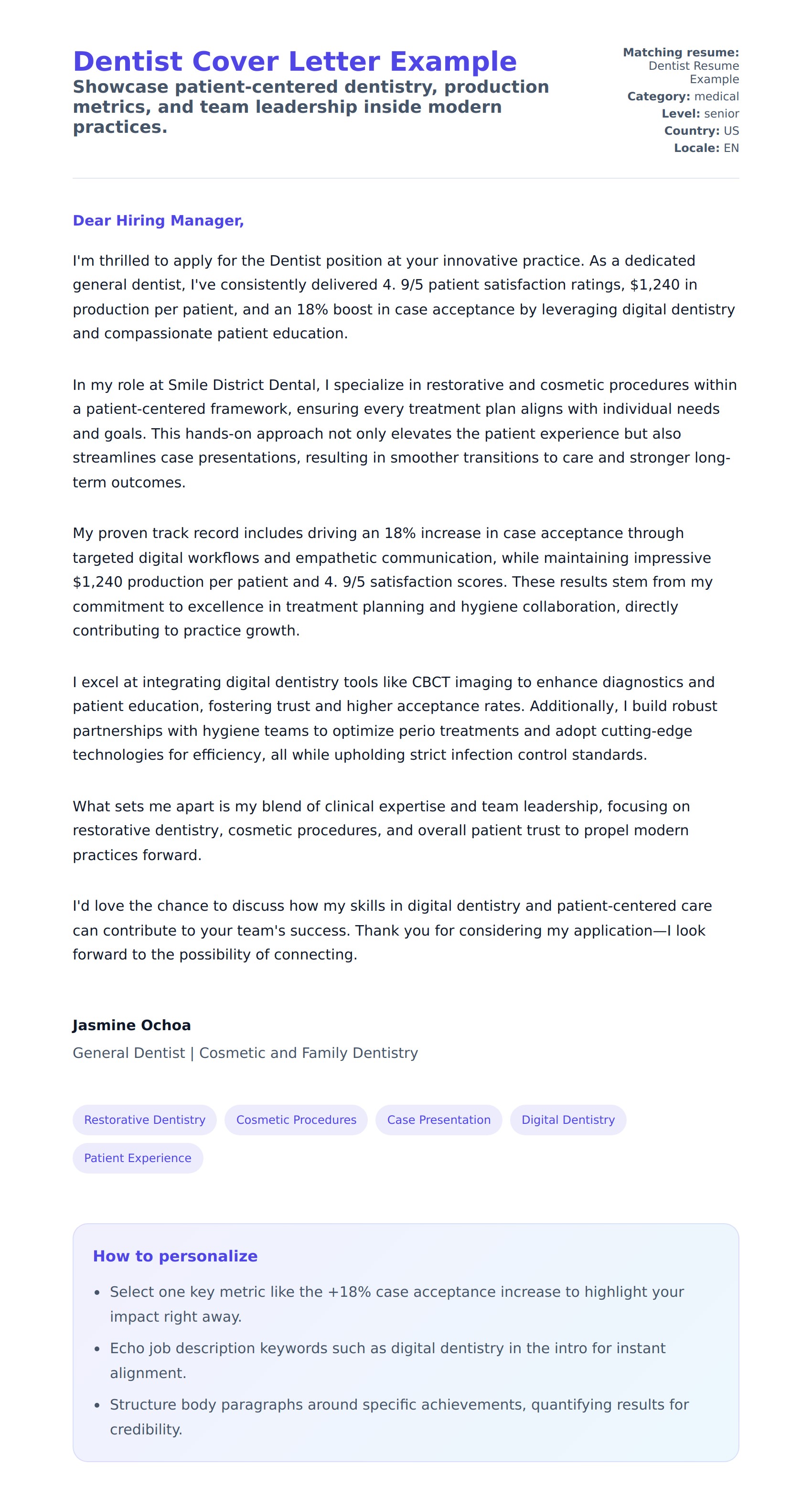 Cover Letter preview for Dentist Cover Letter Example