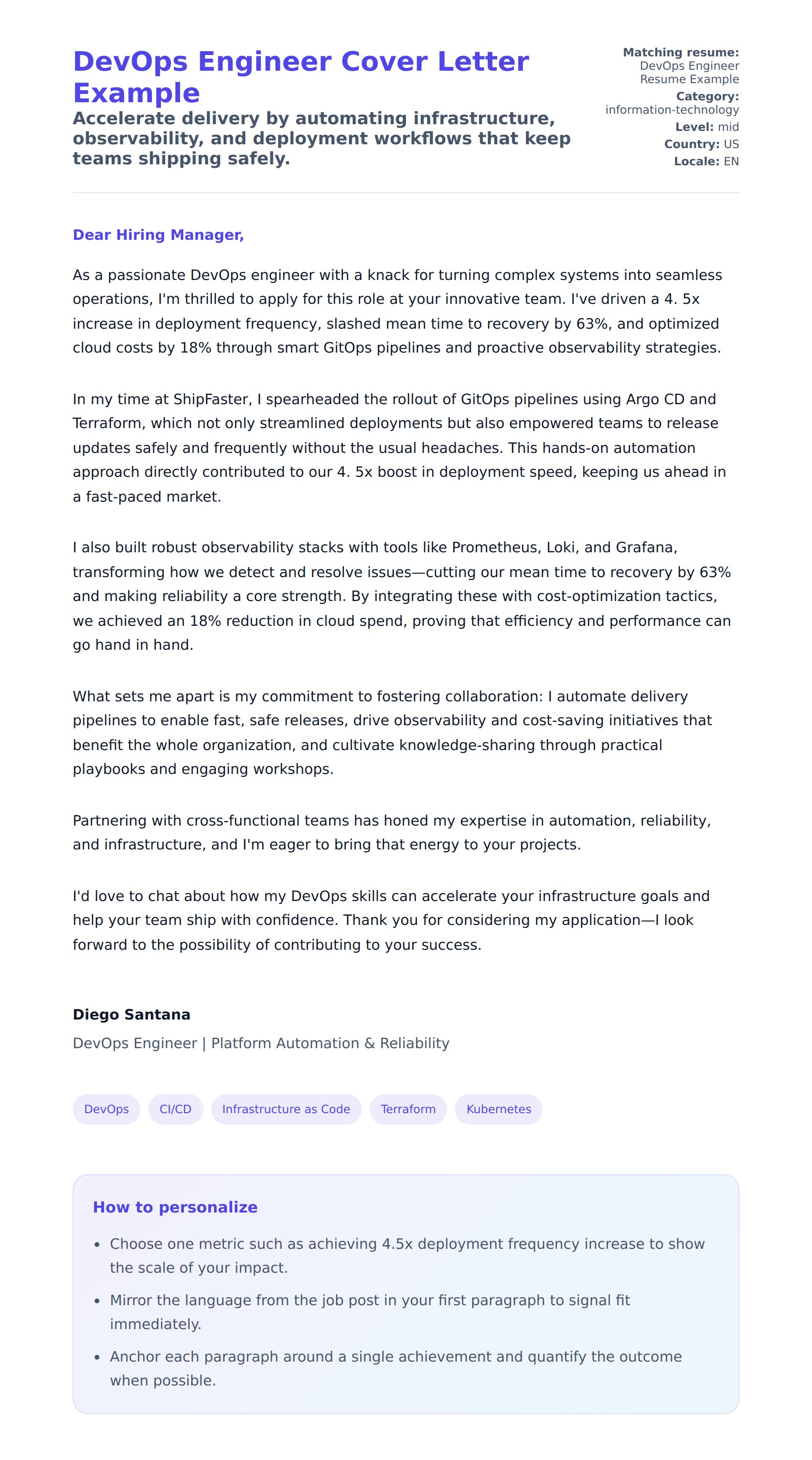 Cover Letter preview for DevOps Engineer Cover Letter Example