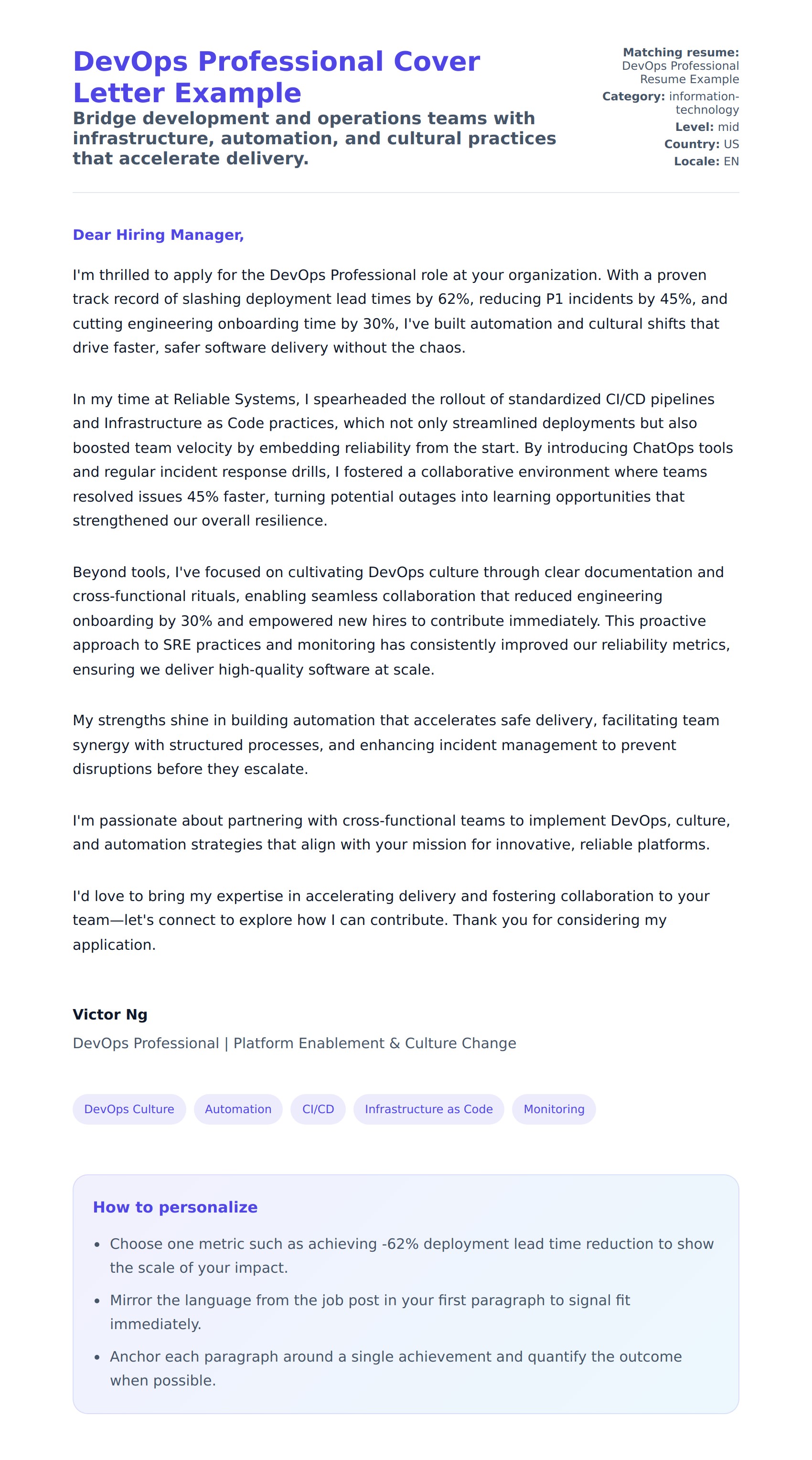 Cover Letter preview for DevOps Professional Cover Letter Example