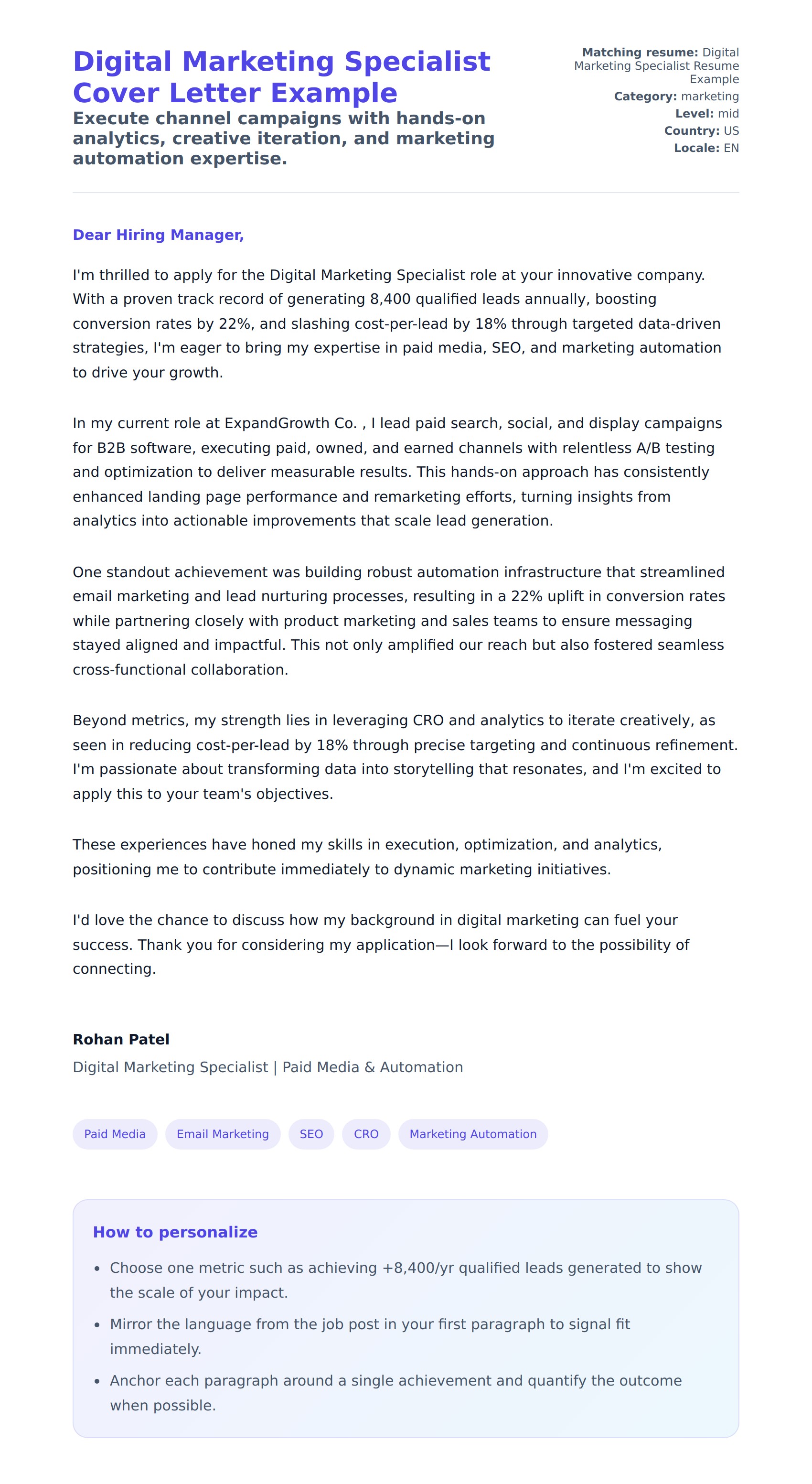 Cover Letter preview for Digital Marketing Specialist Cover Letter Example