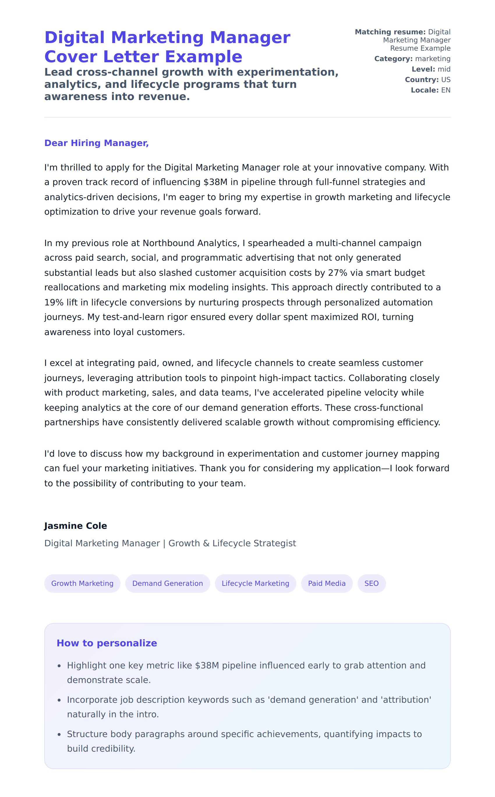 Cover Letter preview for Digital Marketing Manager Cover Letter Example