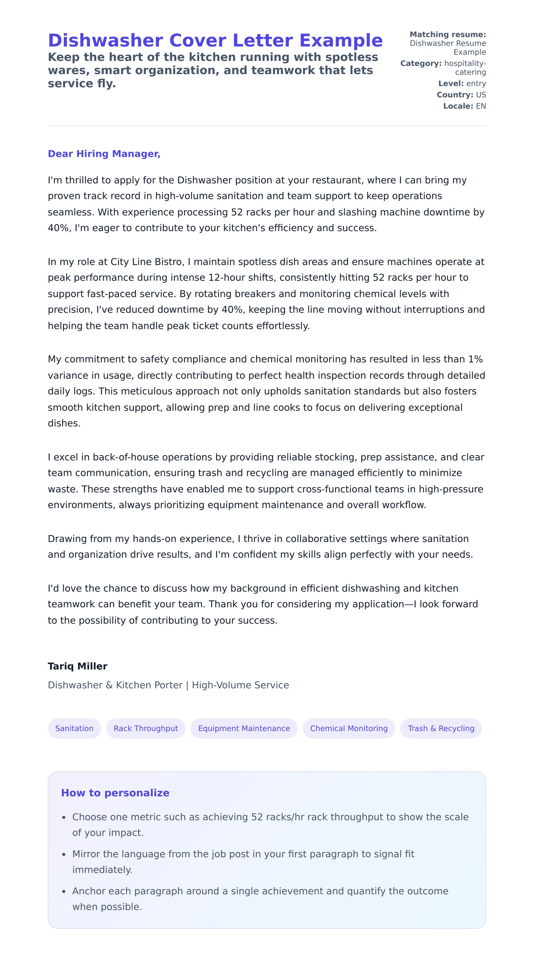 Cover Letter preview for Dishwasher Cover Letter Example