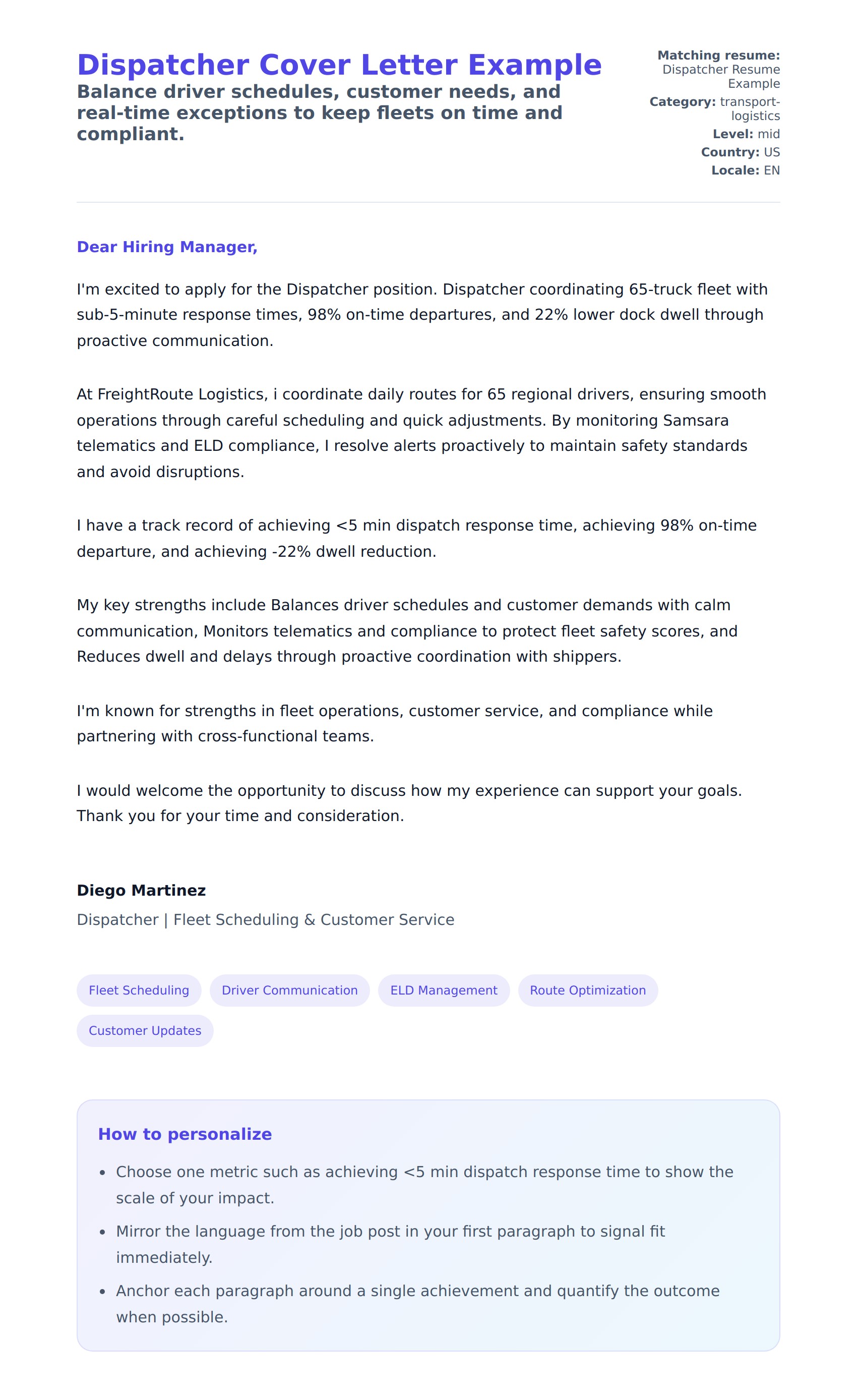 Cover Letter preview for Dispatcher Cover Letter Example