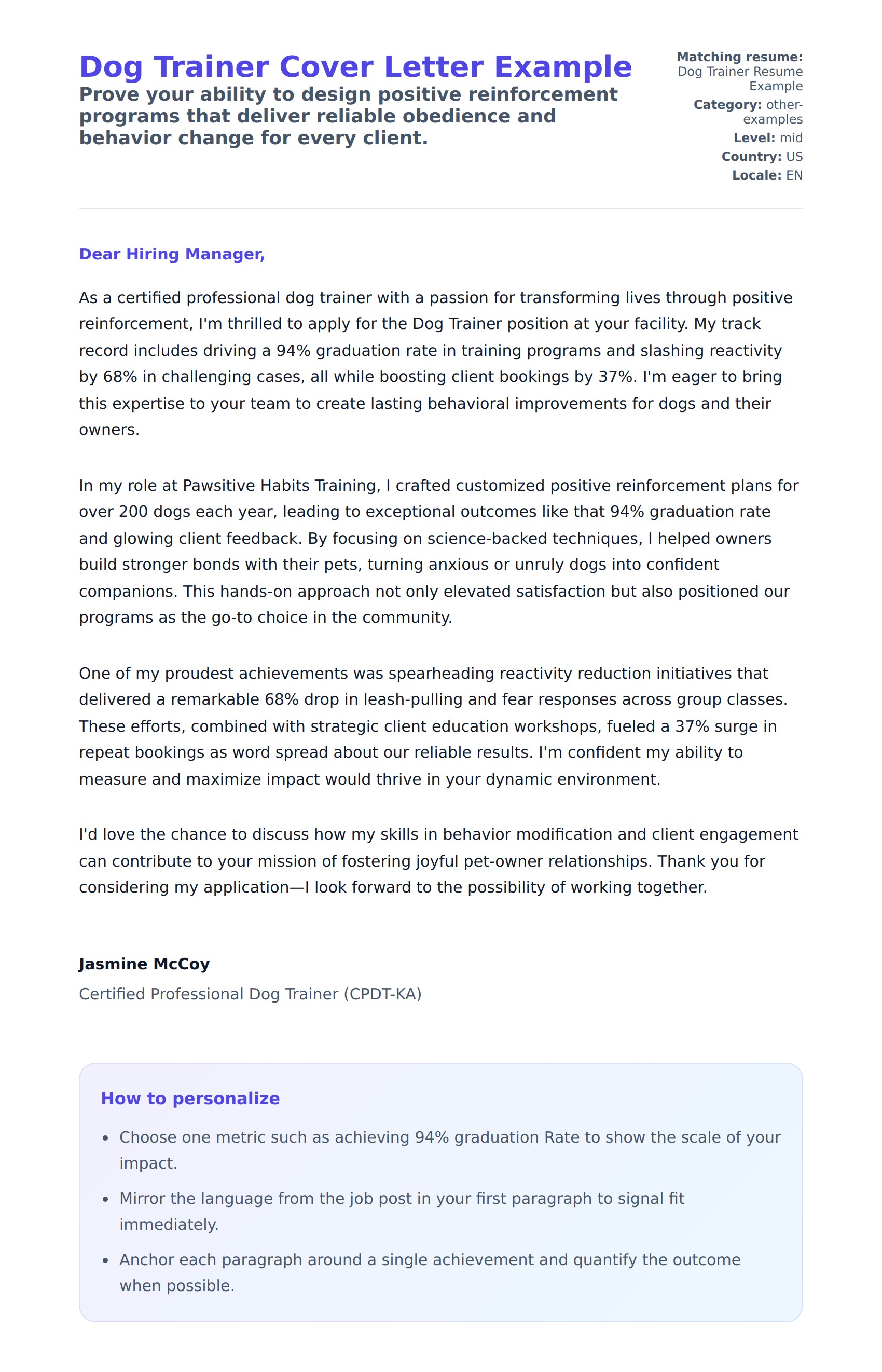Cover Letter preview for Dog Trainer Cover Letter Example