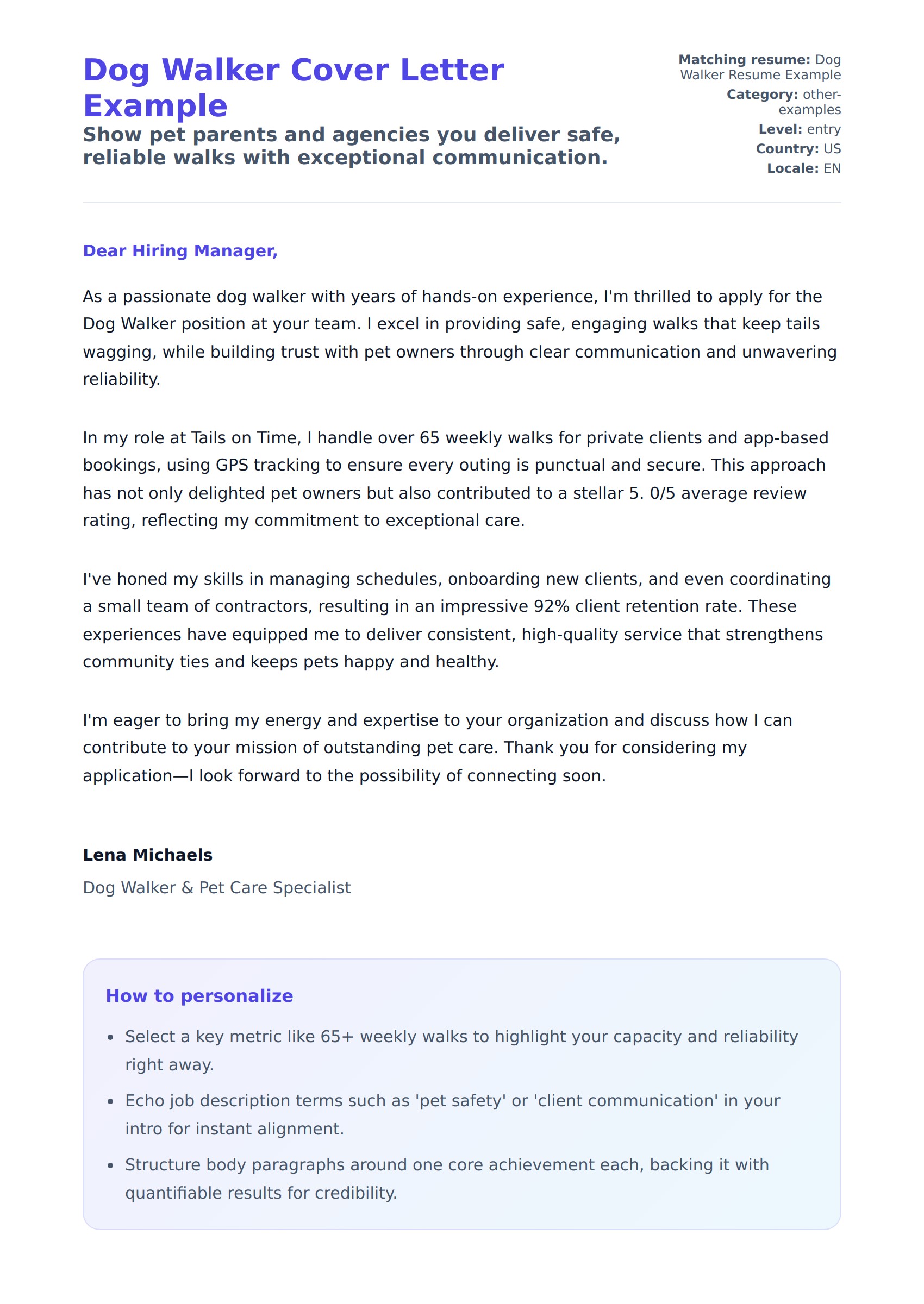Cover Letter preview for Dog Walker Cover Letter Example
