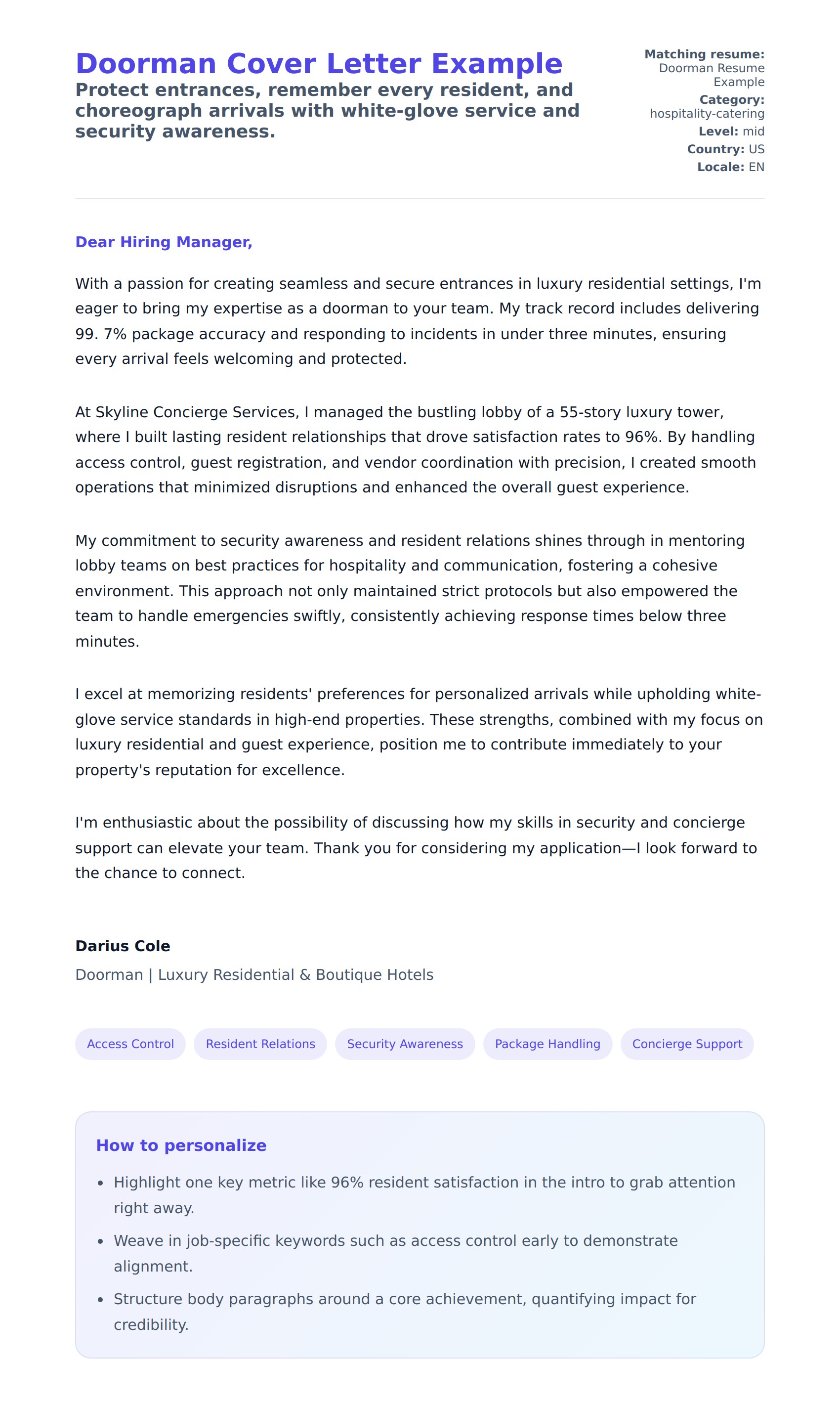 Cover Letter preview for Doorman Cover Letter Example