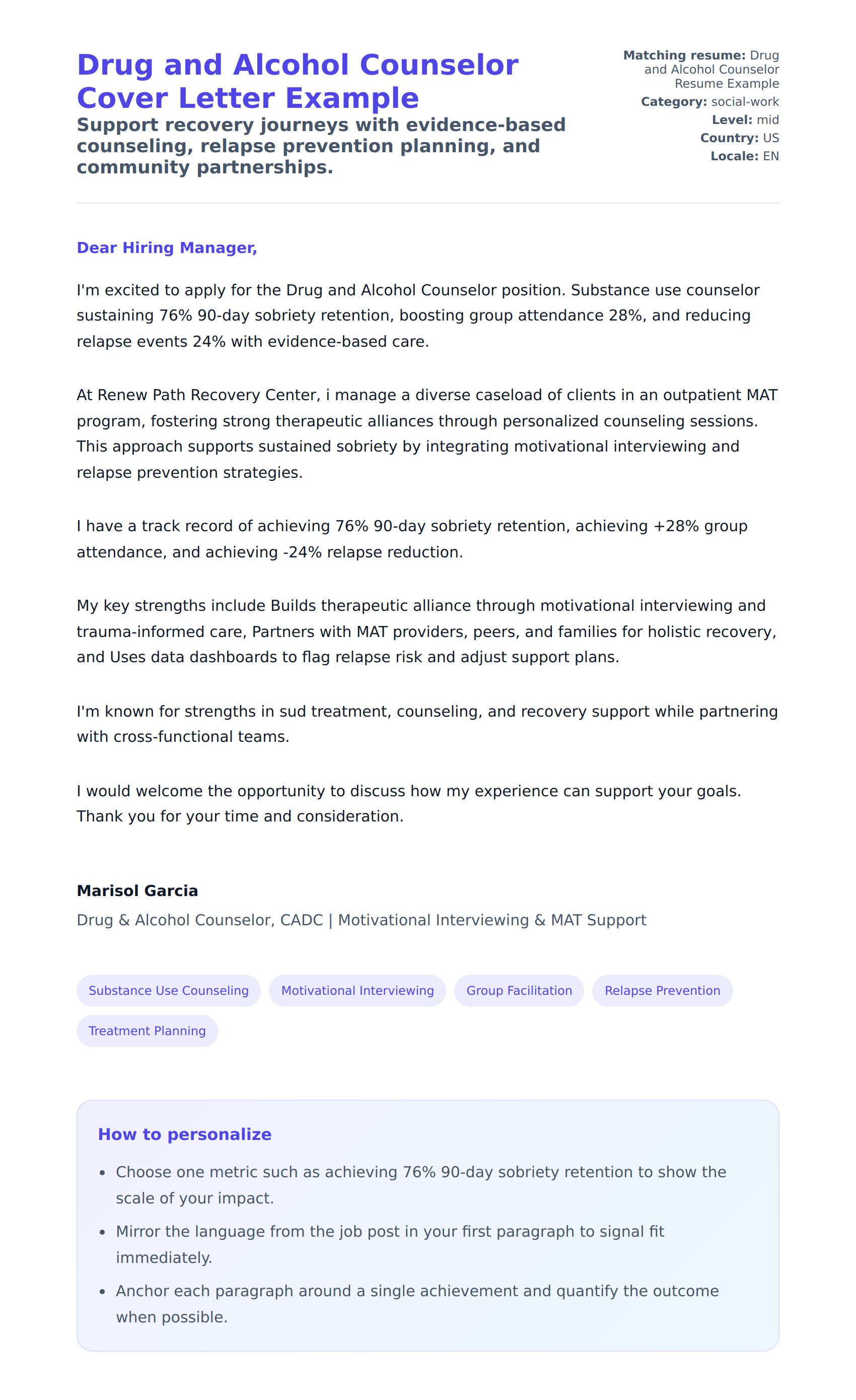 Cover Letter preview for Drug and Alcohol Counselor Cover Letter Example